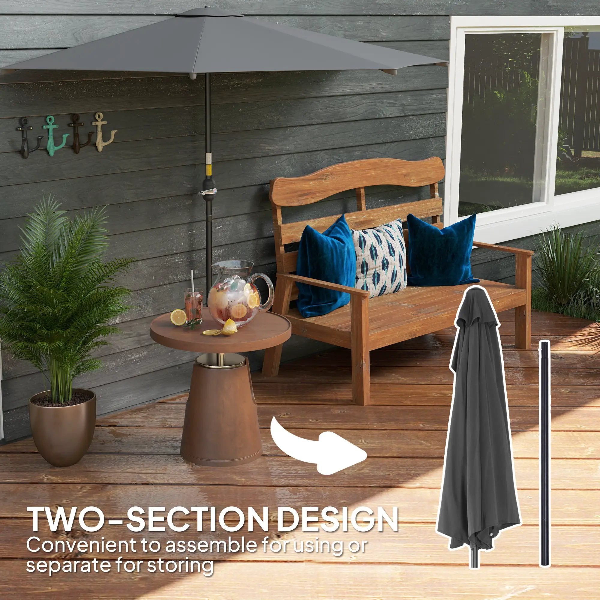 Outsunny Outsunny 3(m) Half Round Parasol Garden Sun Umbrella w/ Crank Dark Grey - Parasol