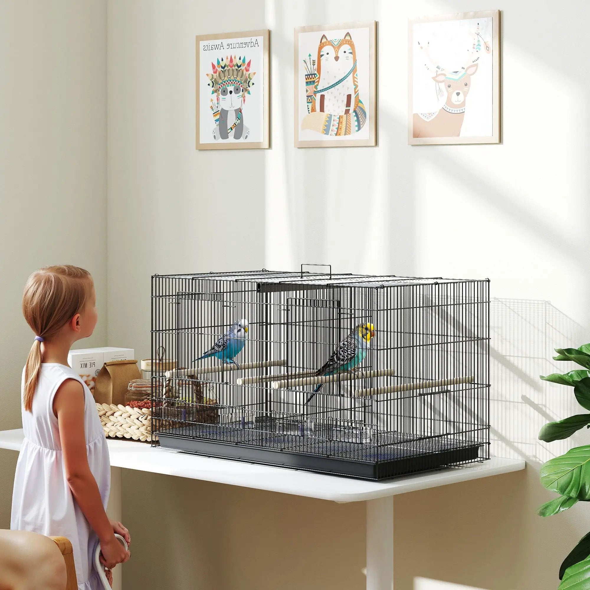 PawHut PawHut Bird Cage with Divider, 4 Wooden Perches, Slide Out Tray, Black - Bird Cage