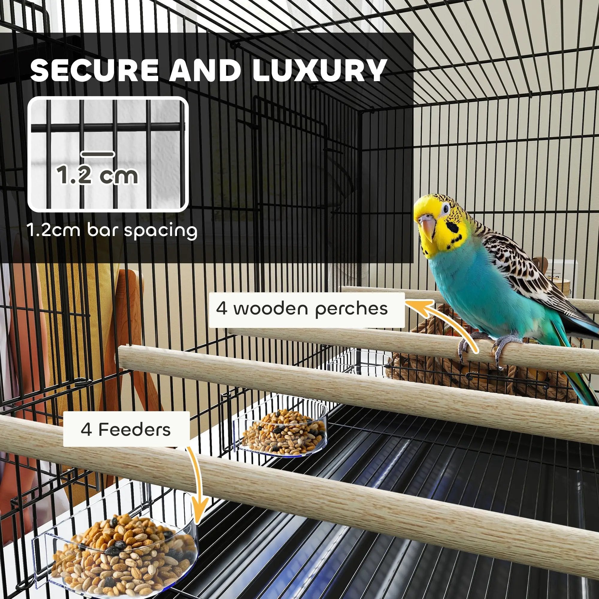 PawHut PawHut Bird Cage with Divider, 4 Wooden Perches, Slide Out Tray, Black - Bird Cage
