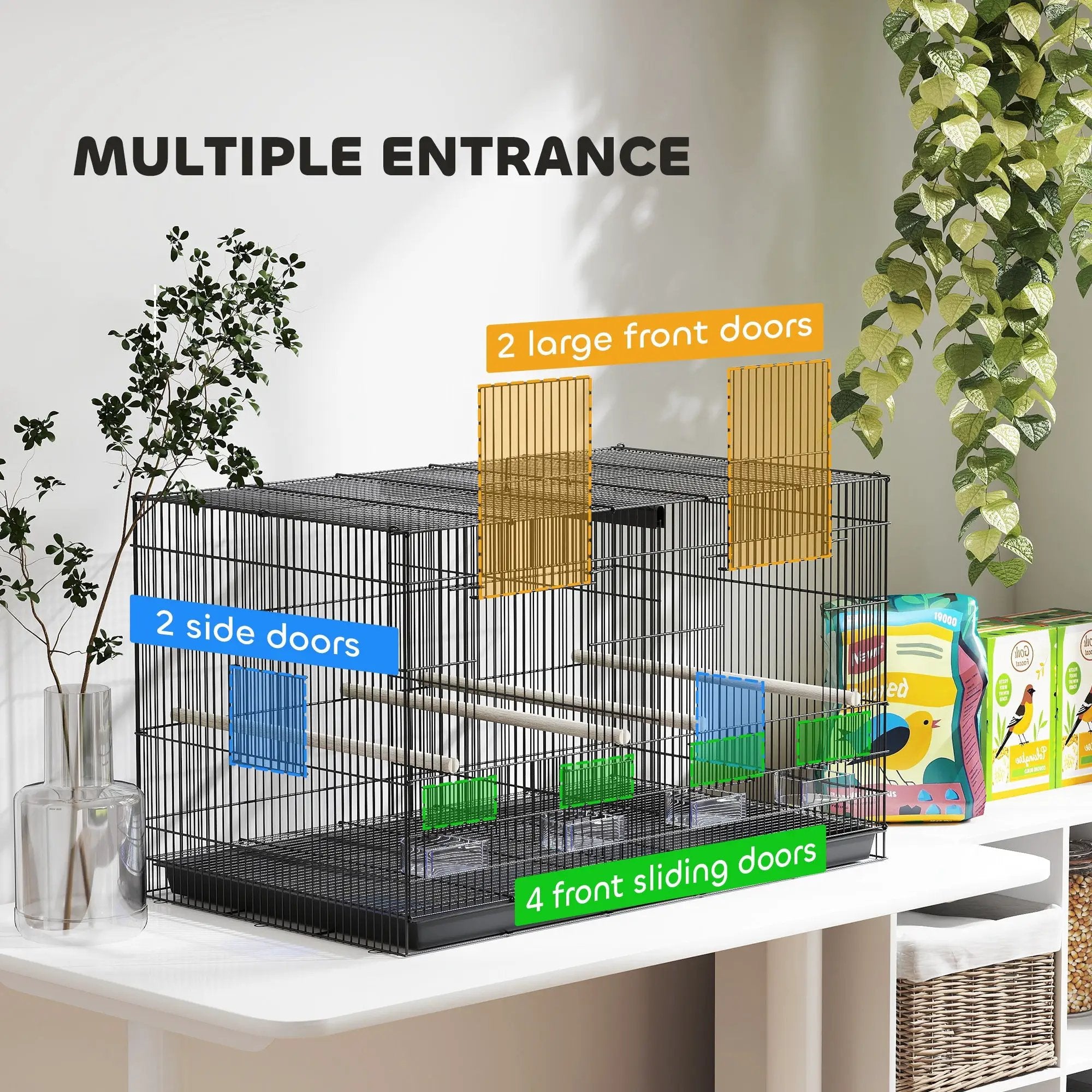 PawHut PawHut Bird Cage with Divider, 4 Wooden Perches, Slide Out Tray, Black - Bird Cage