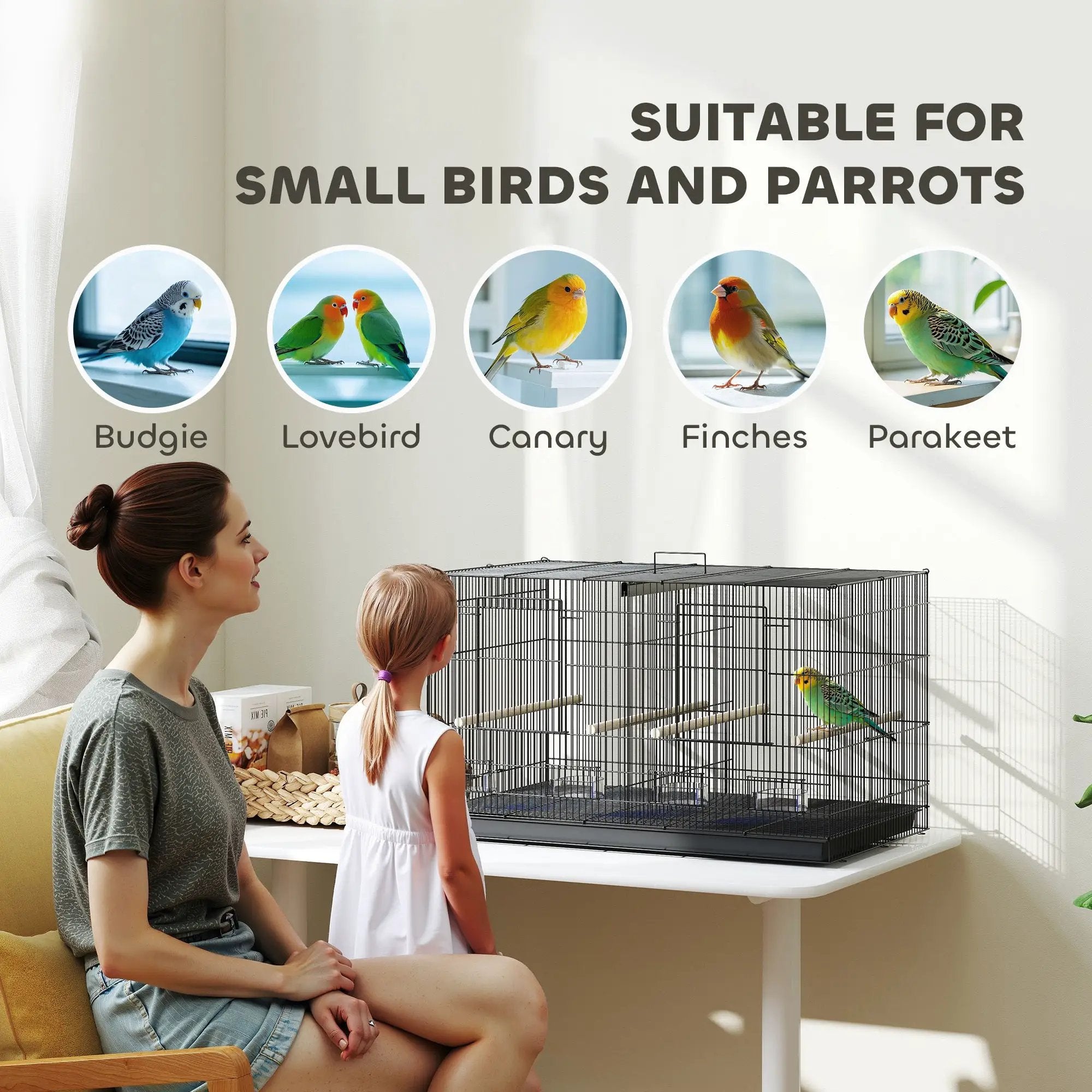 PawHut PawHut Bird Cage with Divider, 4 Wooden Perches, Slide Out Tray, Black - Bird Cage