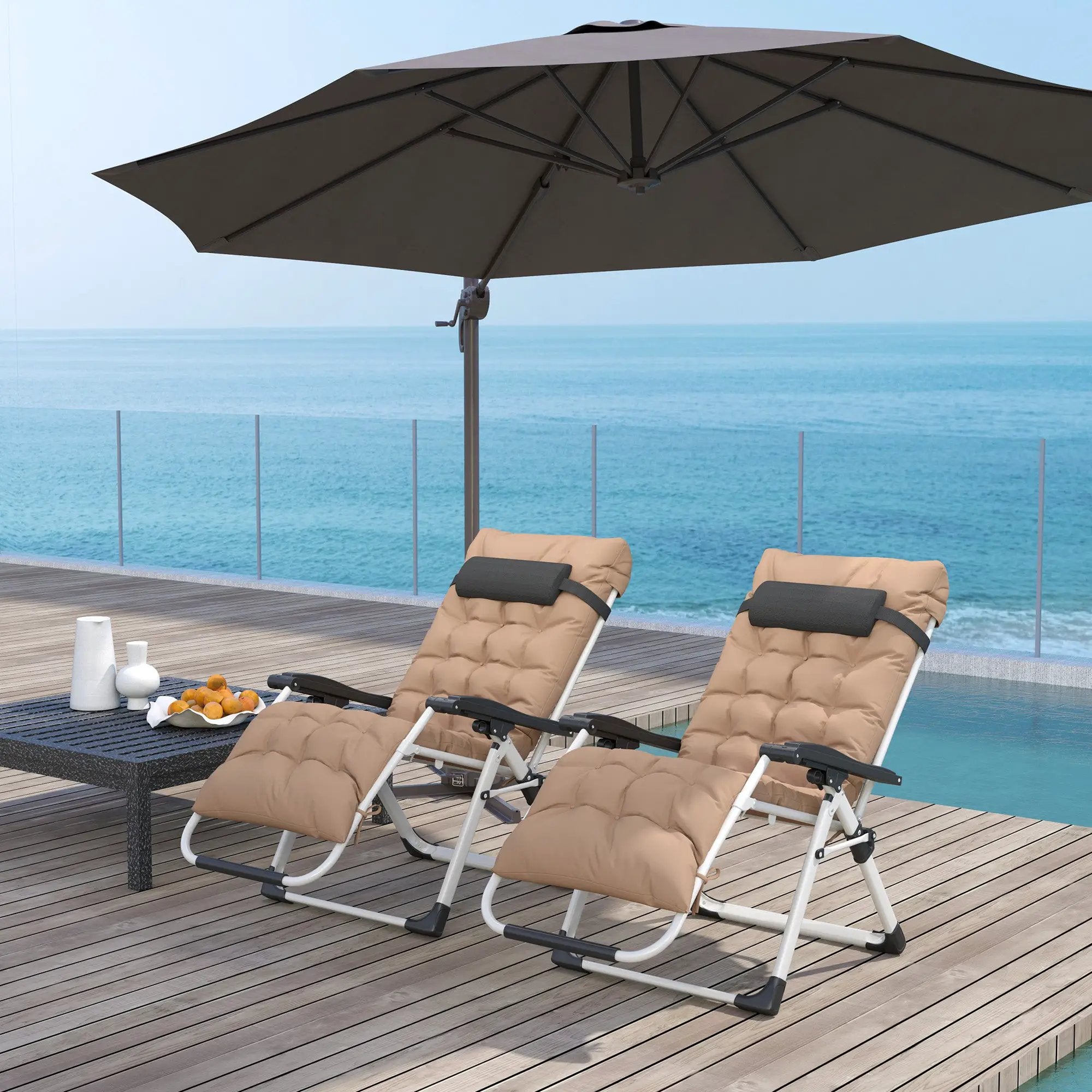 Outsunny Outsunny 2 PCS Reclining Zero Gravity Chair Folding Lounger Cushion Khaki - Sun Lounger