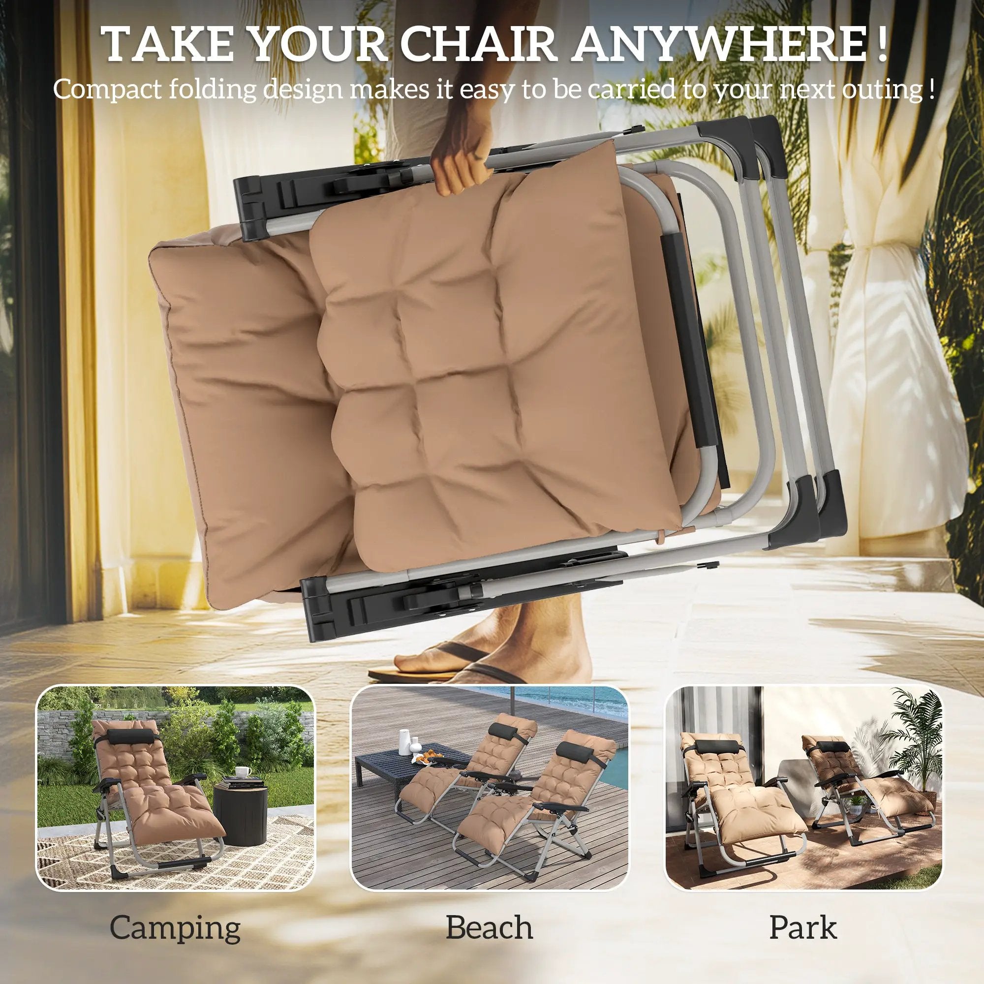 Outsunny Outsunny 2 PCS Reclining Zero Gravity Chair Folding Lounger Cushion Khaki - Sun Lounger