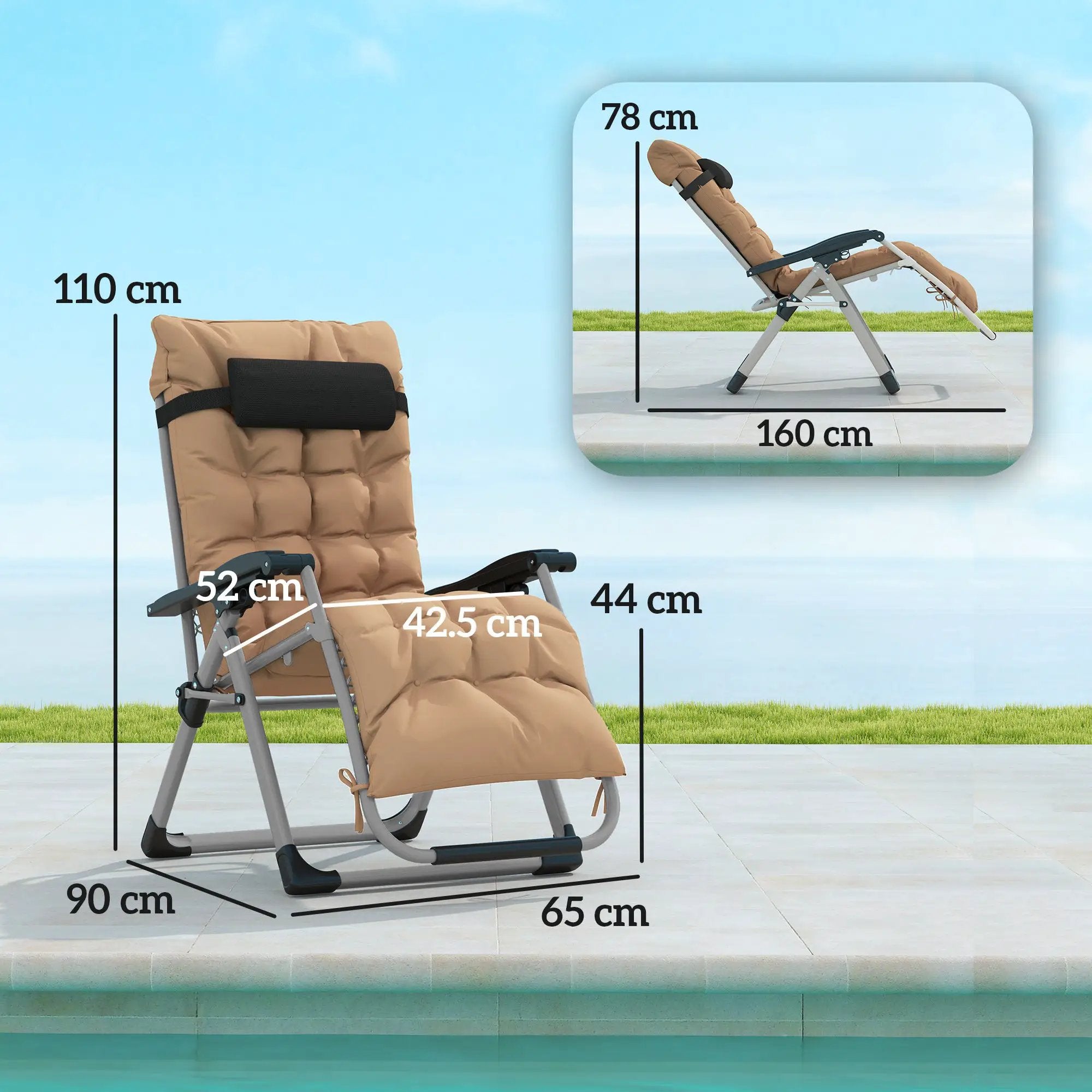 Outsunny Outsunny 2 PCS Reclining Zero Gravity Chair Folding Lounger Cushion Khaki - Sun Lounger