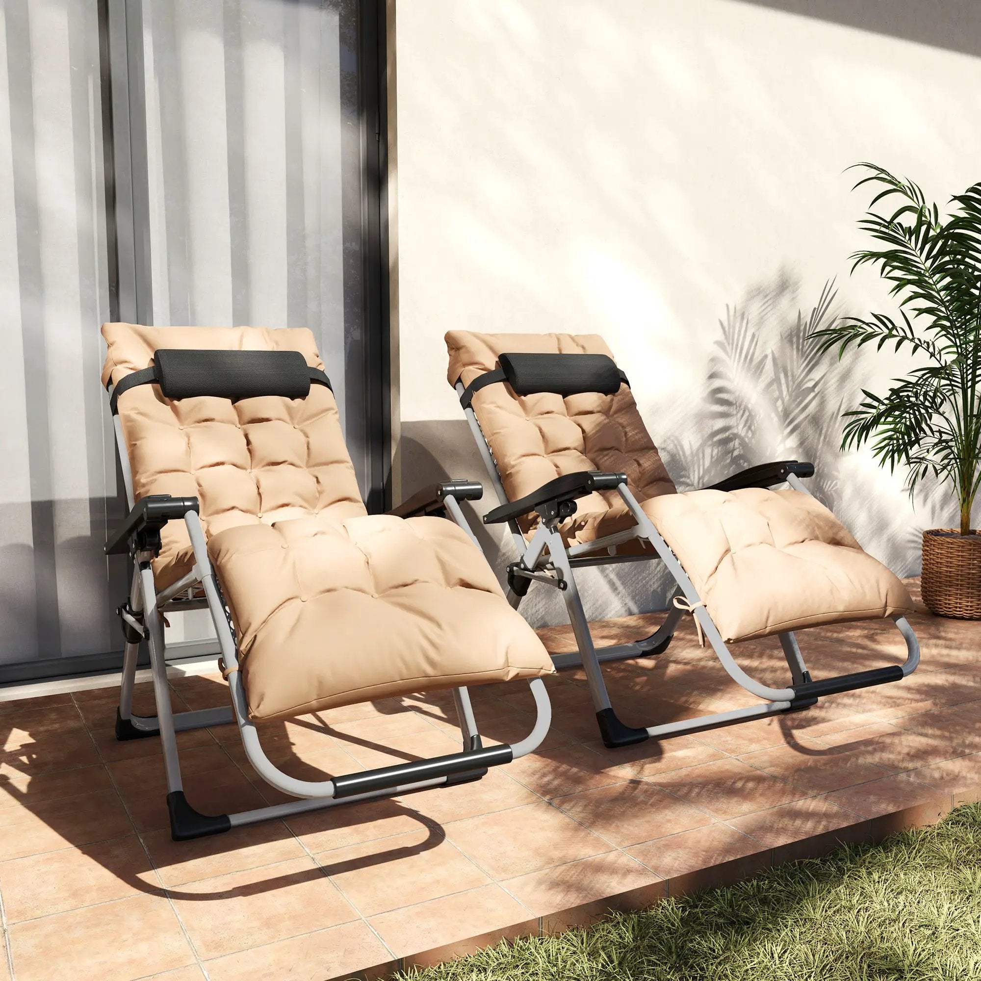 Outsunny Outsunny 2 PCS Reclining Zero Gravity Chair Folding Lounger Cushion Khaki - Sun Lounger