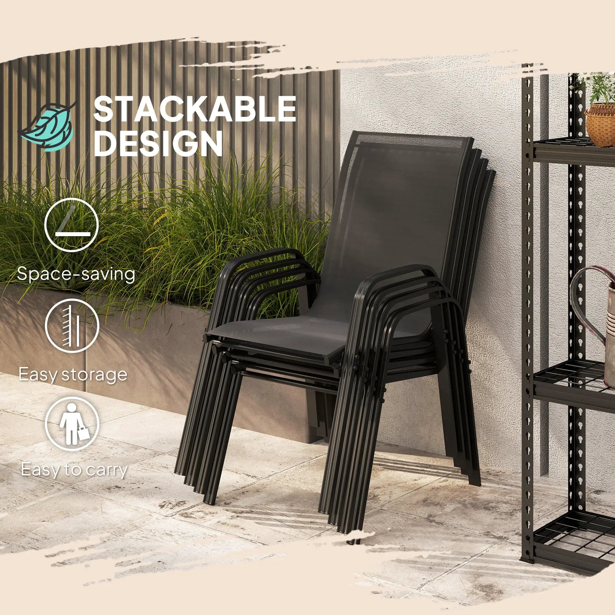 Outsunny Outsunny Set of 4 Garden Dining Chair Set Outdoor w/ High Back Armrest Black - Garden Chairs