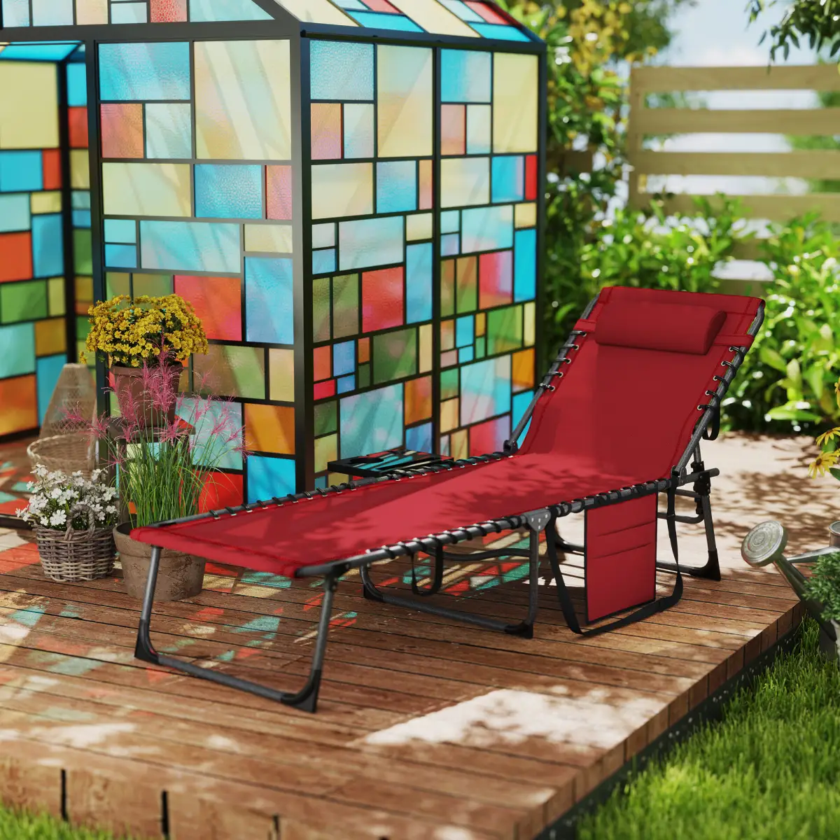 Outsunny Outsunny Folding Sun Lounger with 5-Level Reclining Back, Side Table - Sun Lounger