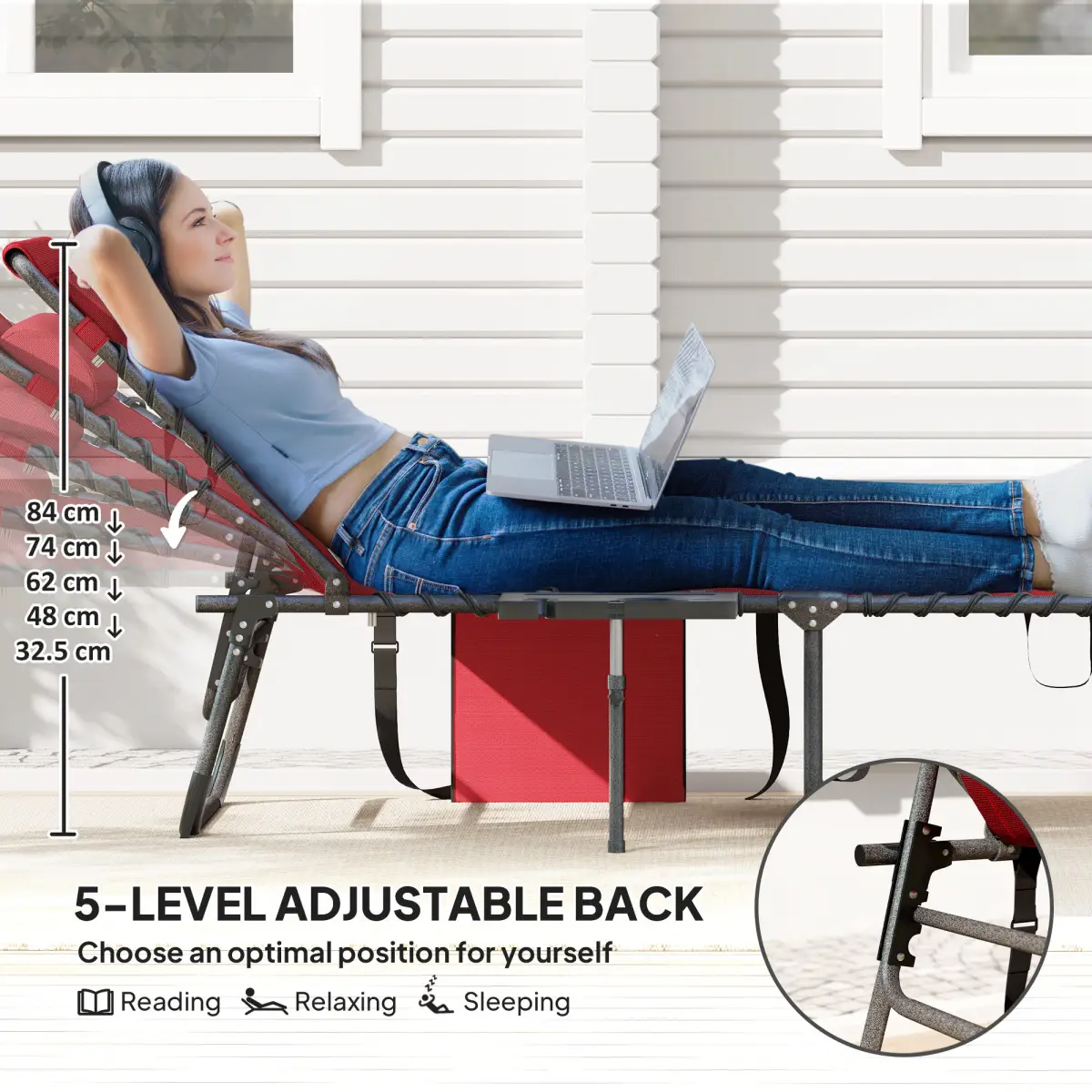 Outsunny Outsunny Folding Sun Lounger with 5-Level Reclining Back, Side Table - Sun Lounger