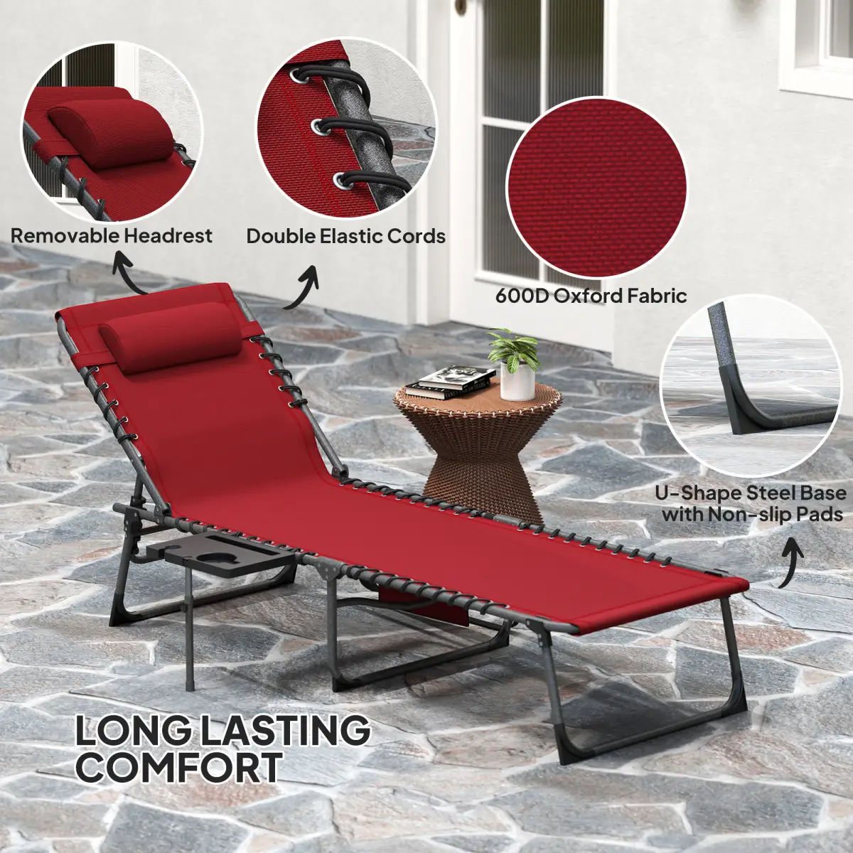 Outsunny Outsunny Folding Sun Lounger with 5-Level Reclining Back, Side Table - Sun Lounger