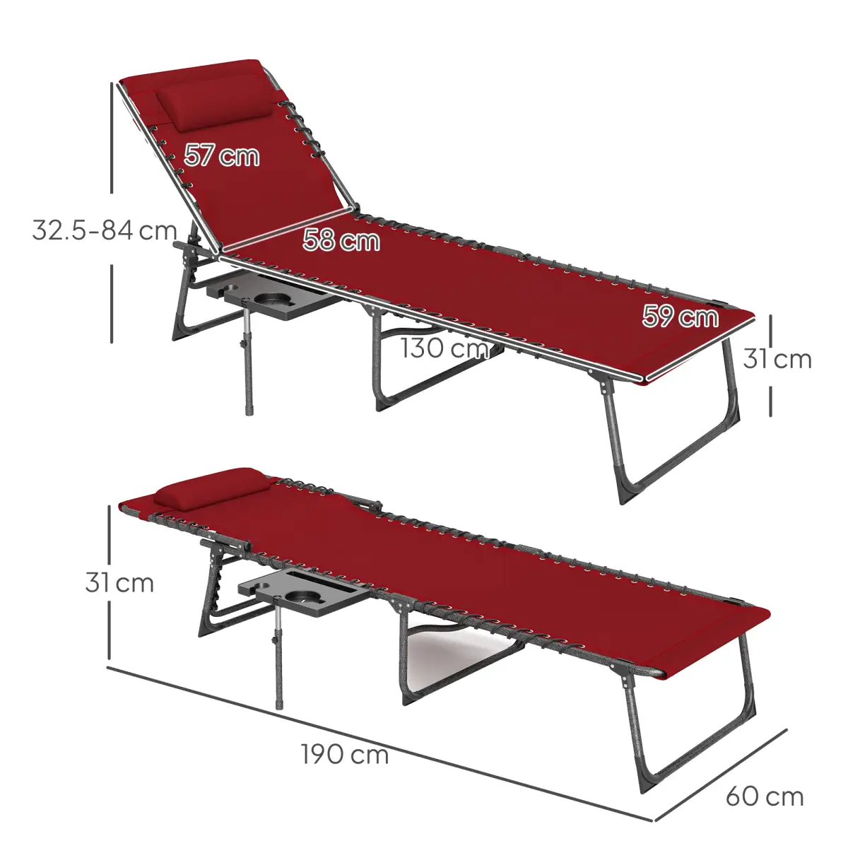 Outsunny Outsunny Folding Sun Lounger with 5-Level Reclining Back, Side Table - Sun Lounger