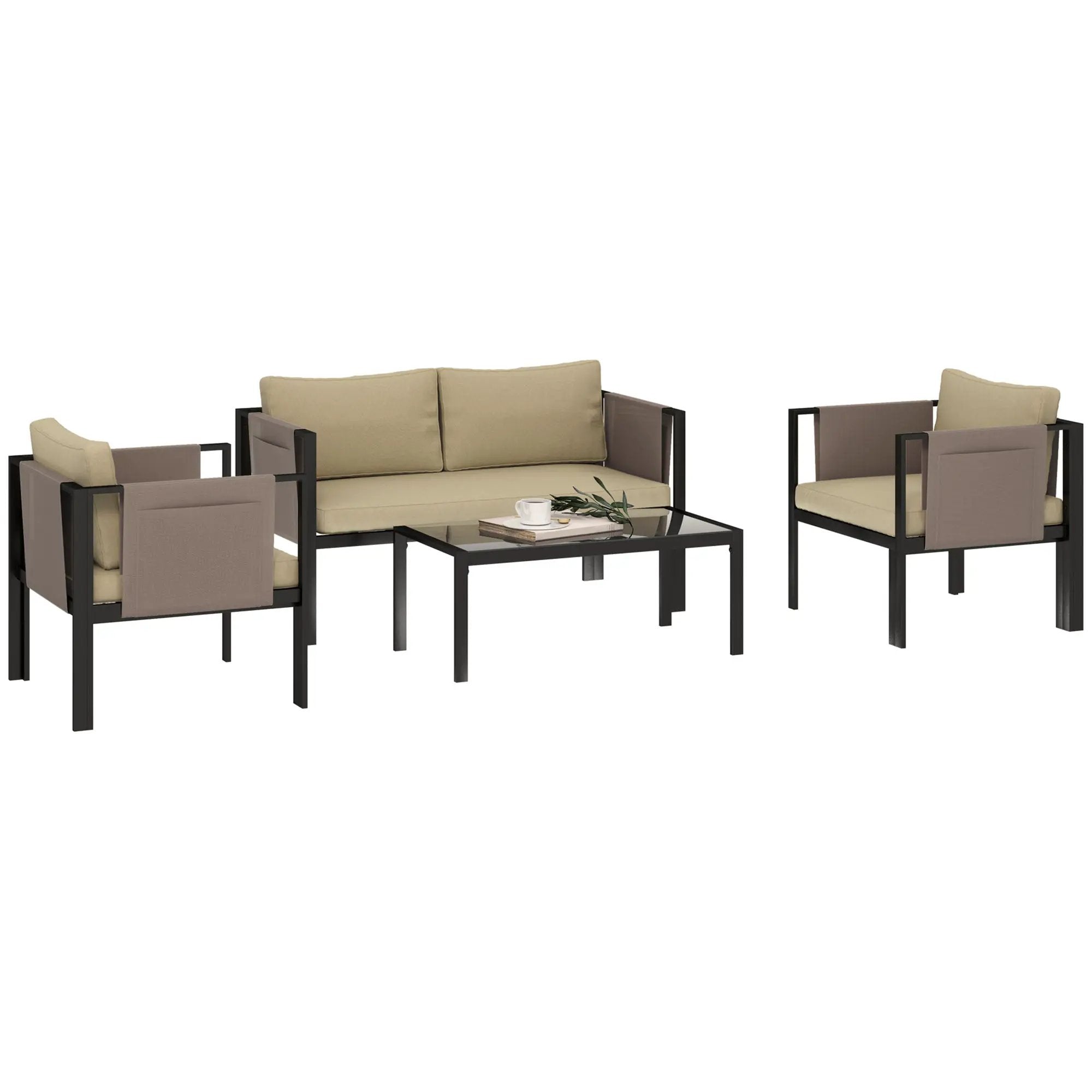 Outsunny Outsunny 4 Piece Garden Sofa Set w/ Tempered Glass Coffee Table Khaki - Garden Sofa Sets