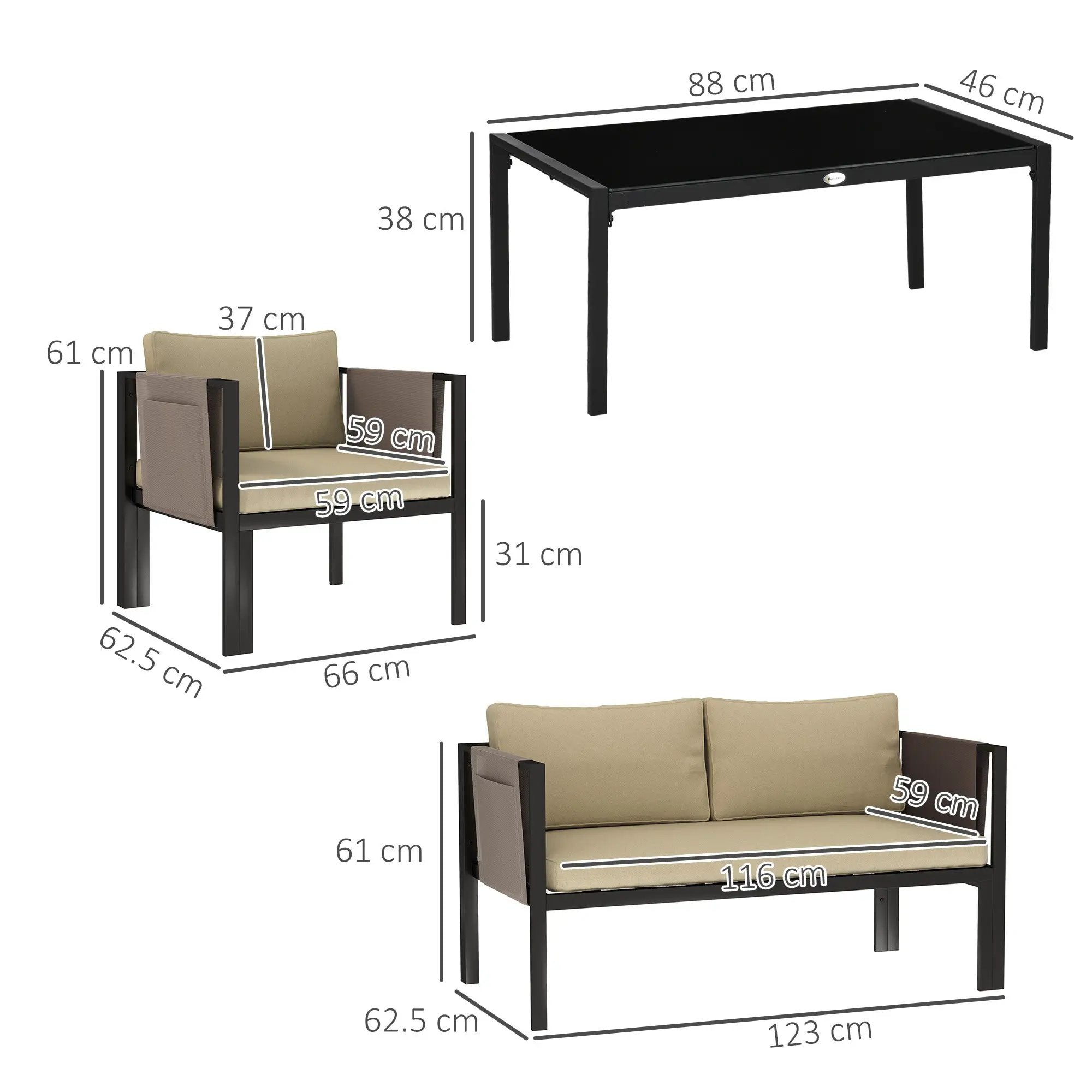 Outsunny Outsunny 4 Piece Garden Sofa Set w/ Tempered Glass Coffee Table Khaki - Garden Sofa Sets