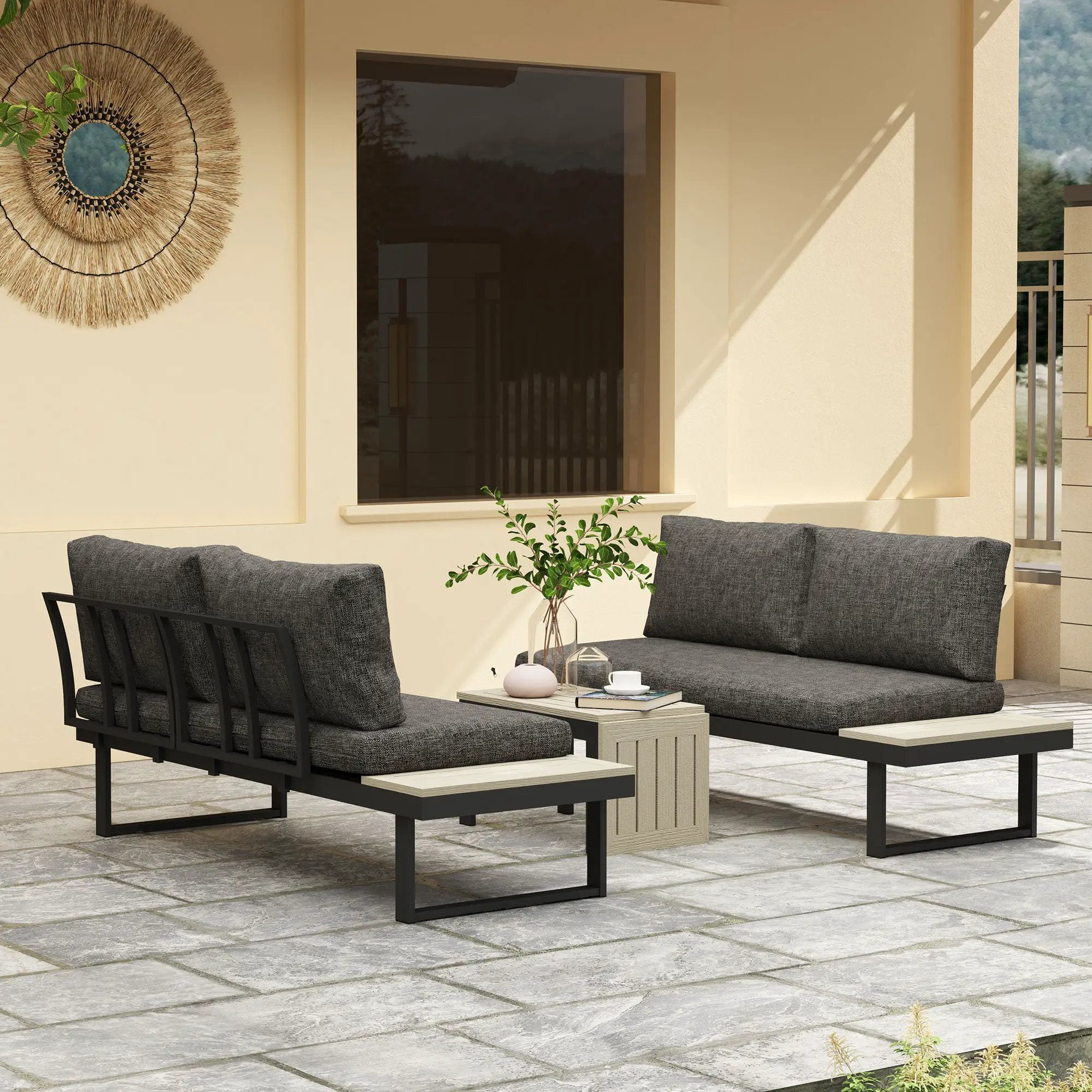 Outsunny Outsunny 4 Seater L Shaped Aluminium Garden Furniture Set with Coffee Table - Garden Sofa Sets