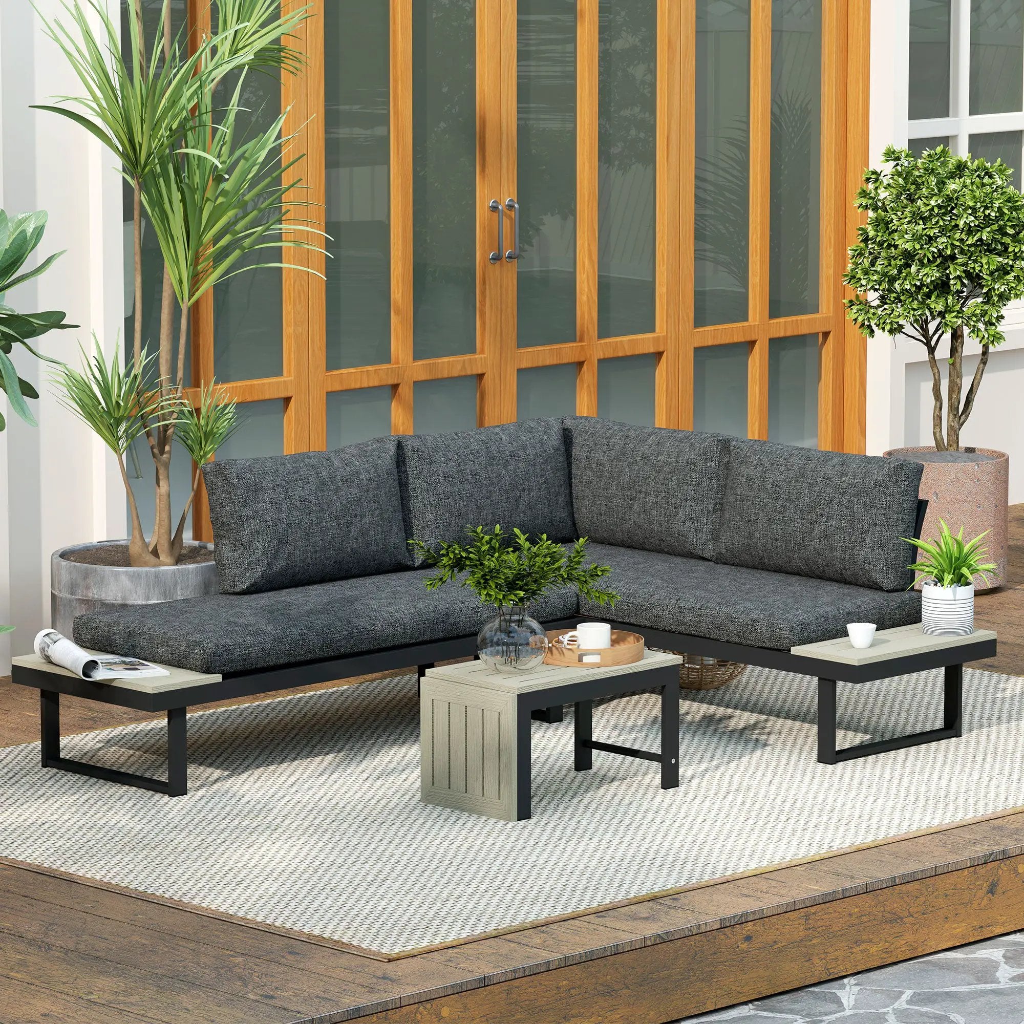 Outsunny Outsunny 4 Seater L Shaped Aluminium Garden Furniture Set with Coffee Table - Garden Sofa Sets