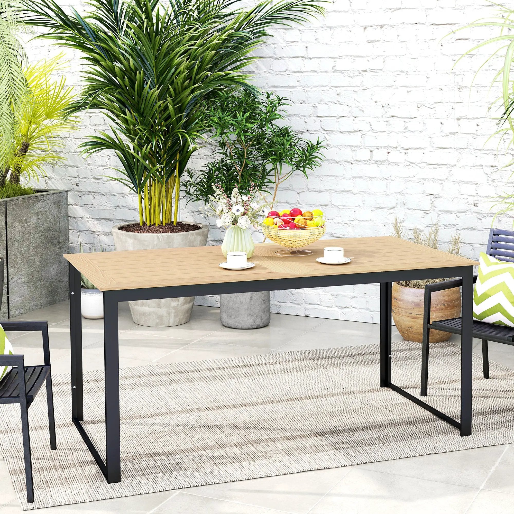 Outsunny Outsunny Garden Table for 6 People with Slatted Table Top, Metal Frame, Teak - Garden Table