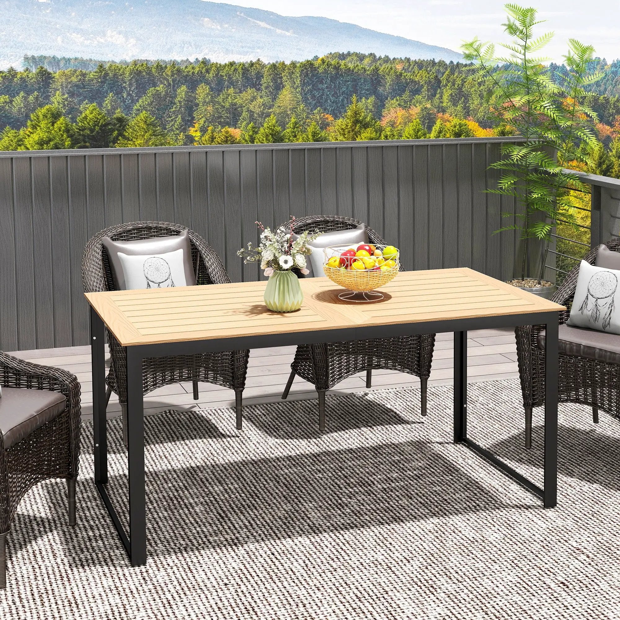 Outsunny Outsunny Garden Table for 6 People with Slatted Table Top, Metal Frame, Teak - Garden Table