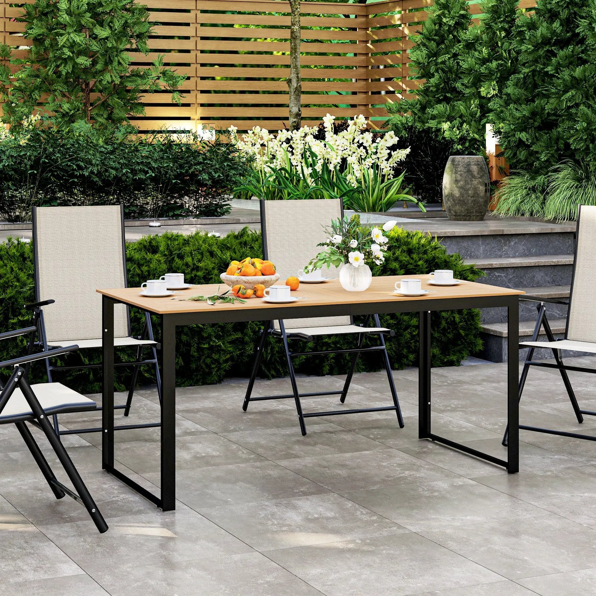 Outsunny Outsunny Garden Table for 6 People with Slatted Table Top, Metal Frame, Teak - Garden Table