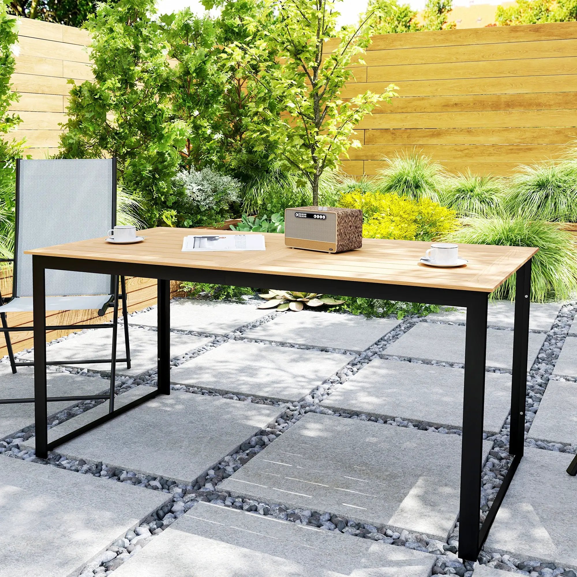 Outsunny Outsunny Garden Table for 6 People with Slatted Table Top, Metal Frame, Teak - Garden Table