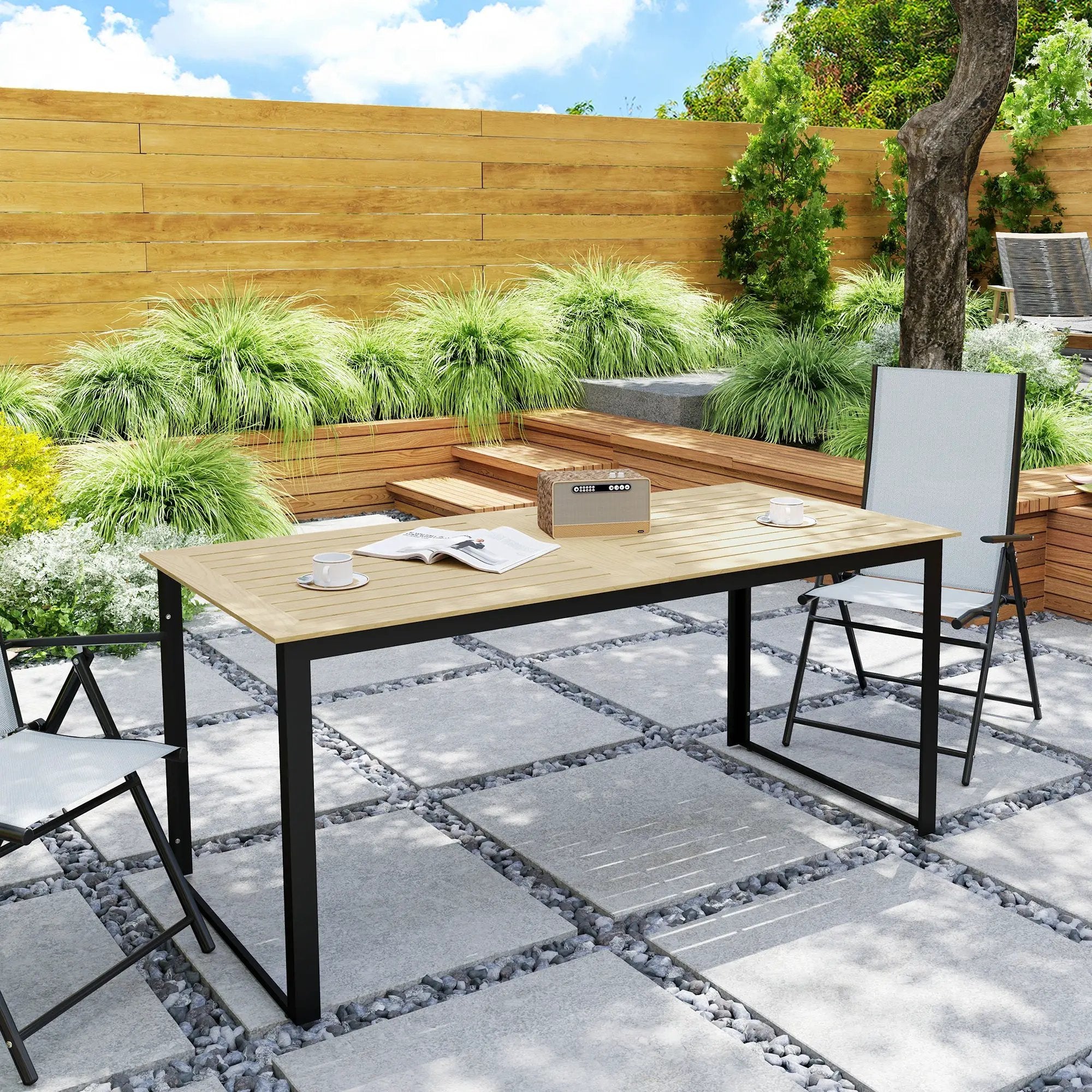 Outsunny Outsunny Garden Dining Table for 6 People with Slatted Table Top Metal Frame - Garden Table