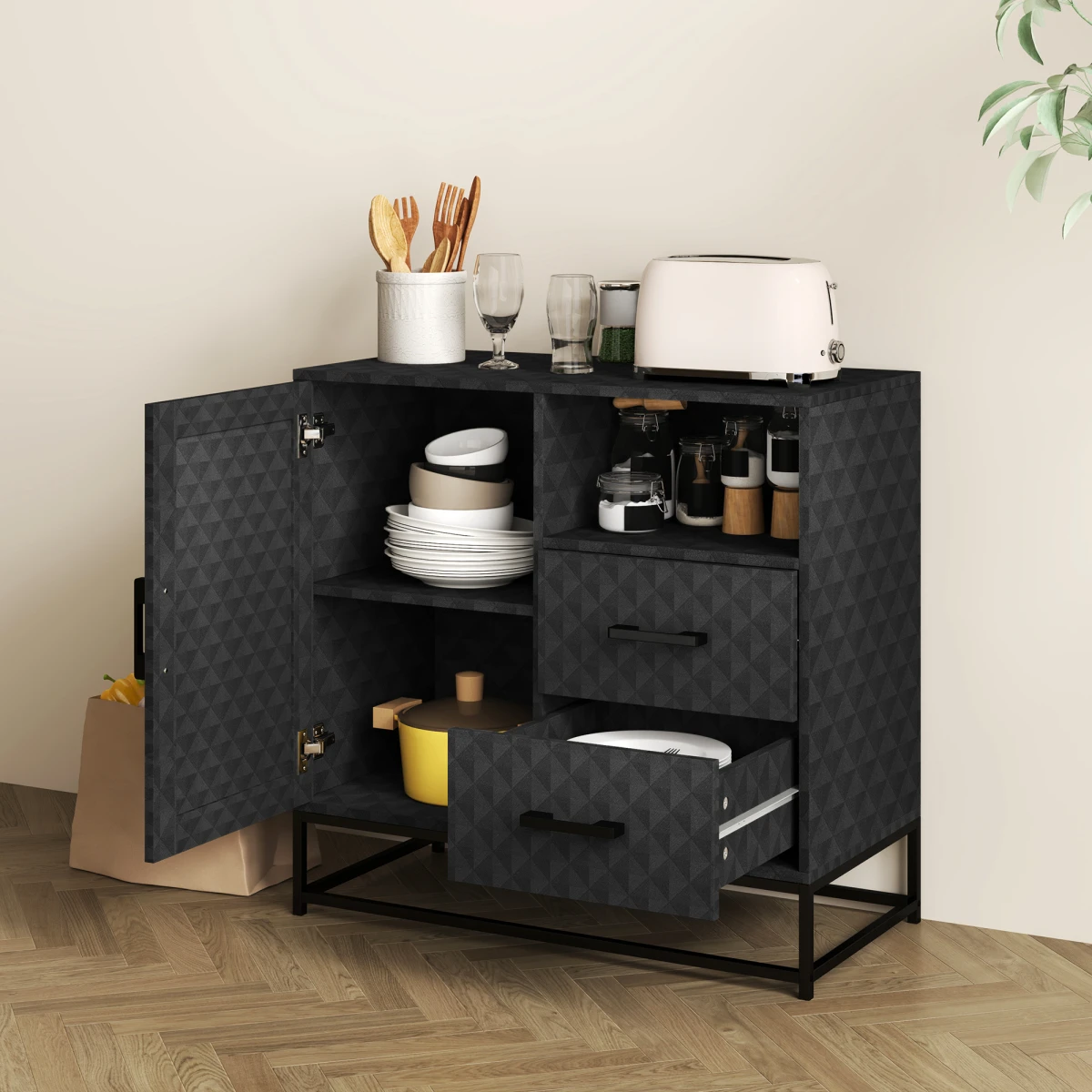 HOMCOM Storage Cabinet Medium Size With Adjustable Shelf Open Compartment And Two Drawers For Home Organization by HOMCOM