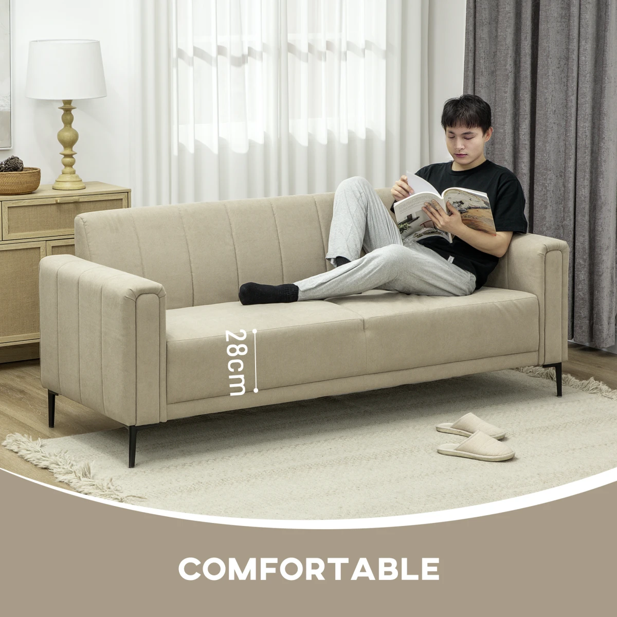 HOMCOM Three Seater Sofa Full Size Channel Tufted For Home by HOMCOM