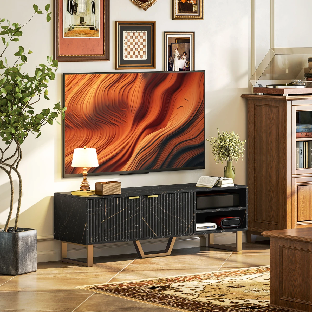 HOMCOM Stylish TV Stand Large Fluted Doors For Living Room - TV Unit