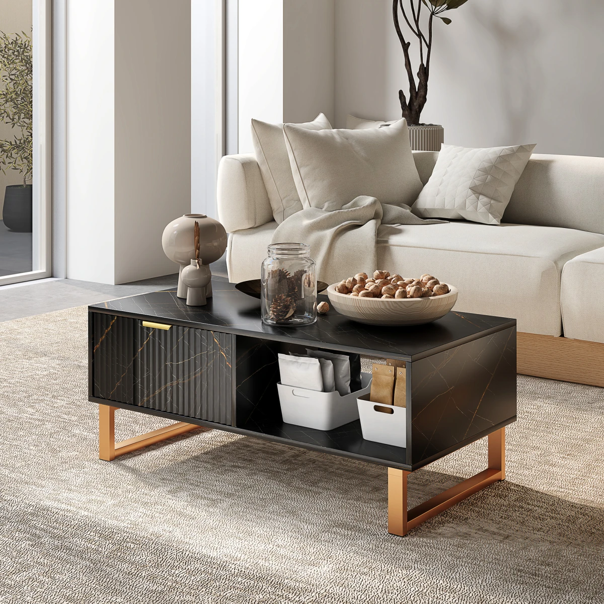 HOMCOM HOMCOM Marble Pattern Coffee Table With Fluted Drawer And Open Shelves Gold Accents For Living Room - Coffee Table