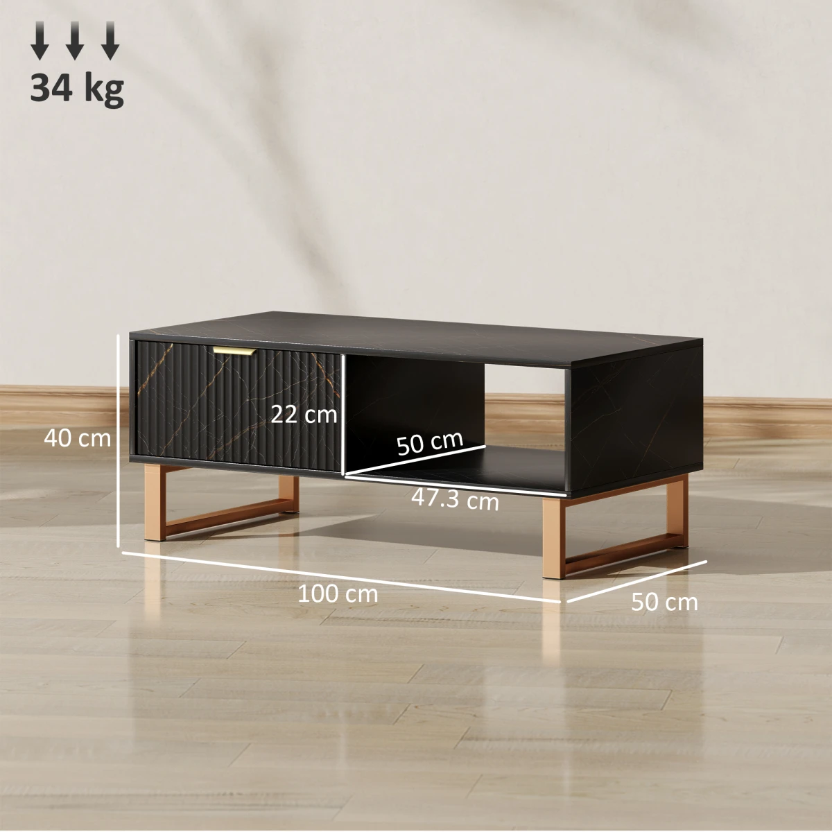 HOMCOM HOMCOM Marble Pattern Coffee Table With Fluted Drawer And Open Shelves Gold Accents For Living Room - Coffee Table