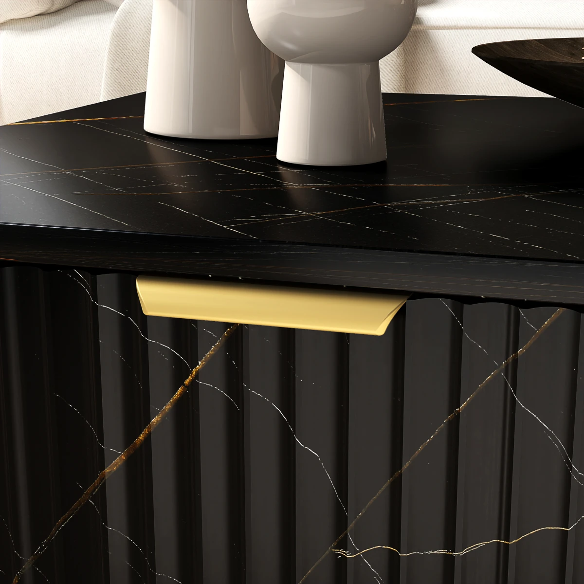 HOMCOM HOMCOM Marble Pattern Coffee Table With Fluted Drawer And Open Shelves Gold Accents For Living Room - Coffee Table