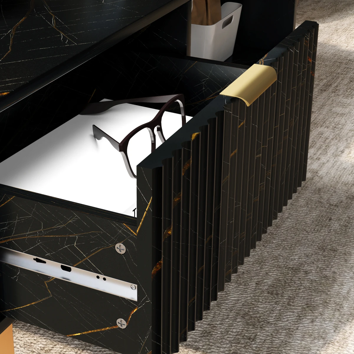 HOMCOM HOMCOM Marble Pattern Coffee Table With Fluted Drawer And Open Shelves Gold Accents For Living Room - Coffee Table