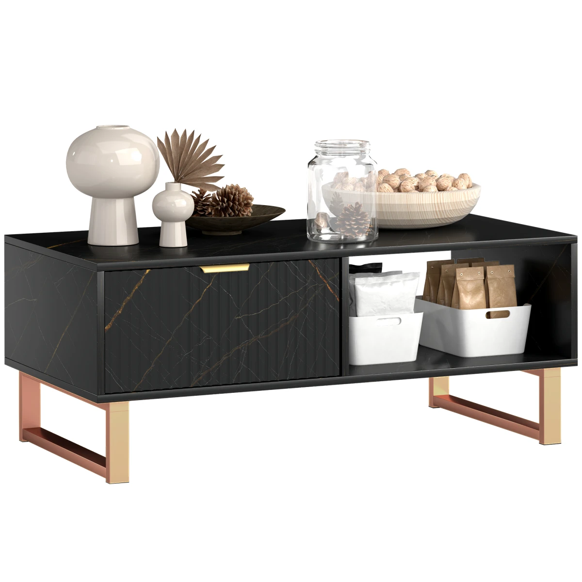 HOMCOM HOMCOM Marble Pattern Coffee Table With Fluted Drawer And Open Shelves Gold Accents For Living Room - Coffee Table