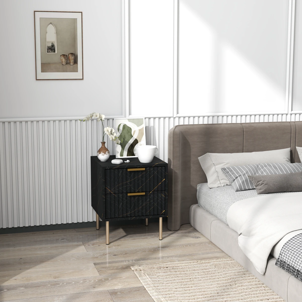 HOMCOM Nightstand Compact 2 Drawer Marble Bedroom by HOMCOM