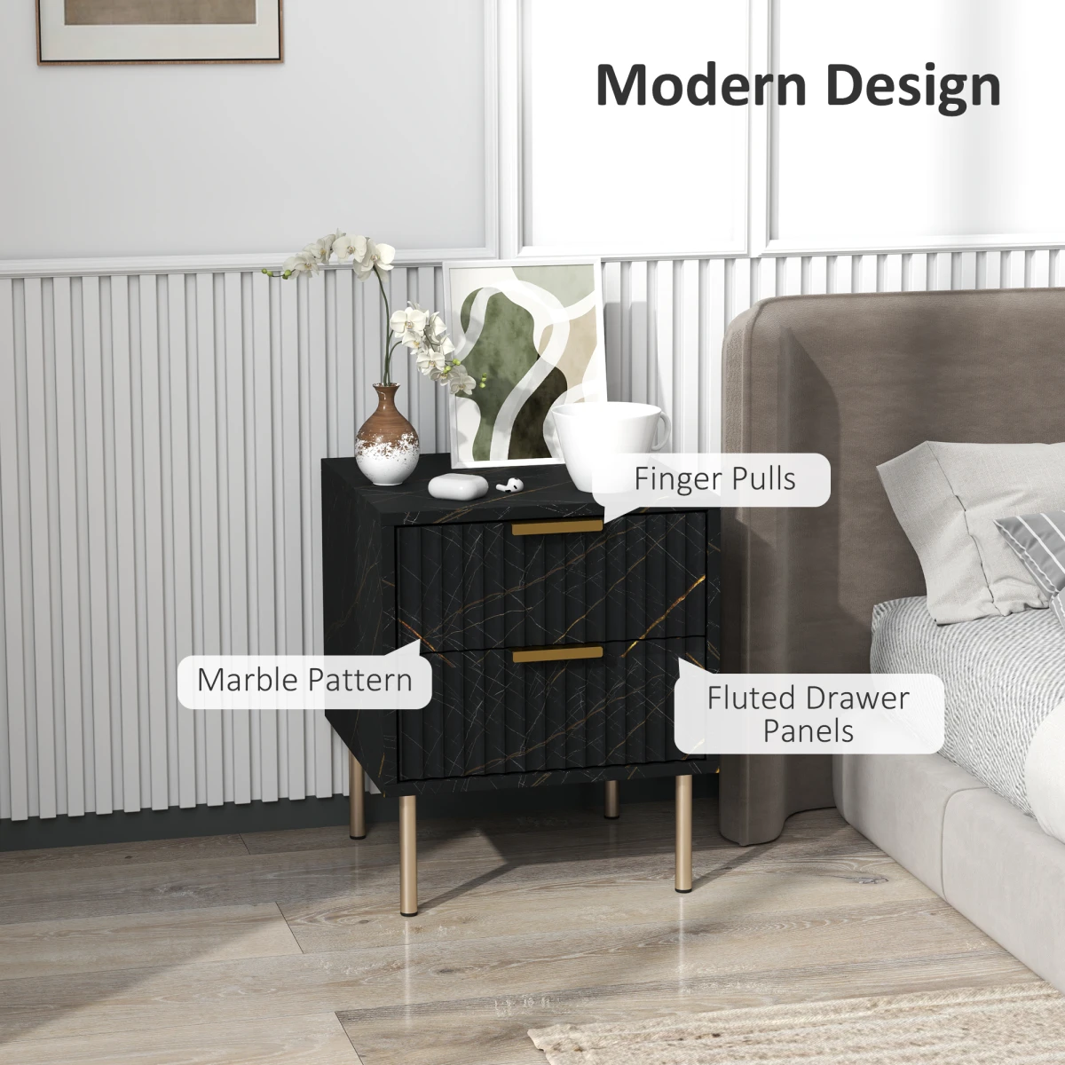 HOMCOM Nightstand Compact 2 Drawer Marble Bedroom by HOMCOM
