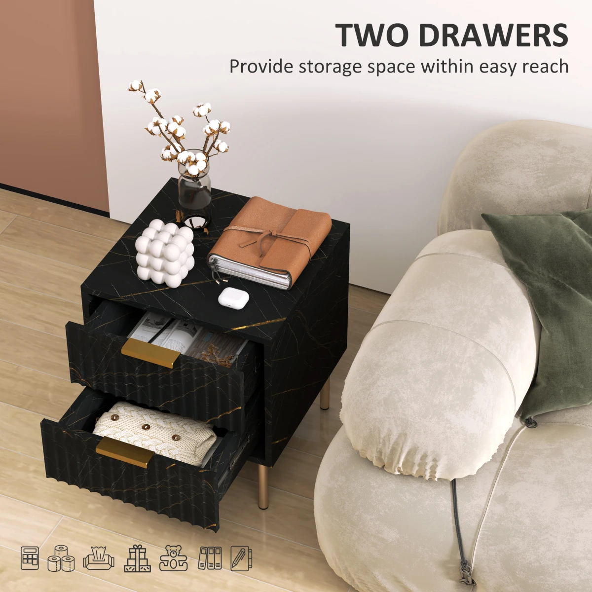 HOMCOM Nightstand Compact 2 Drawer Marble Bedroom by HOMCOM