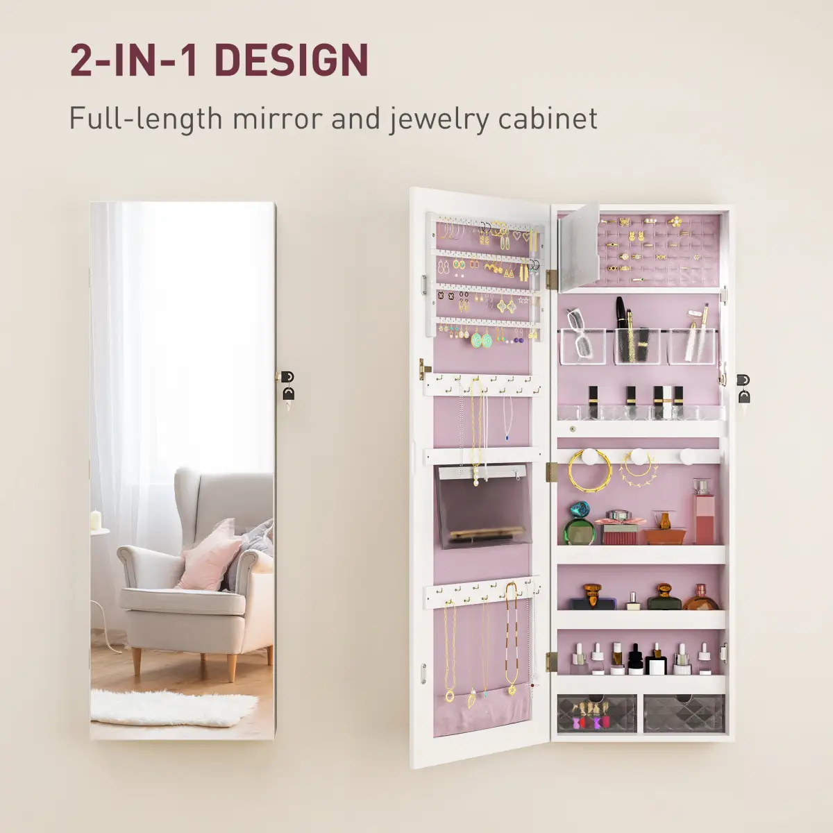 HOMCOM HOMCOM Door Hanging or Wall Mounted Jewellery Cabinet w/ Mirror Black Lining - Display Cabinet