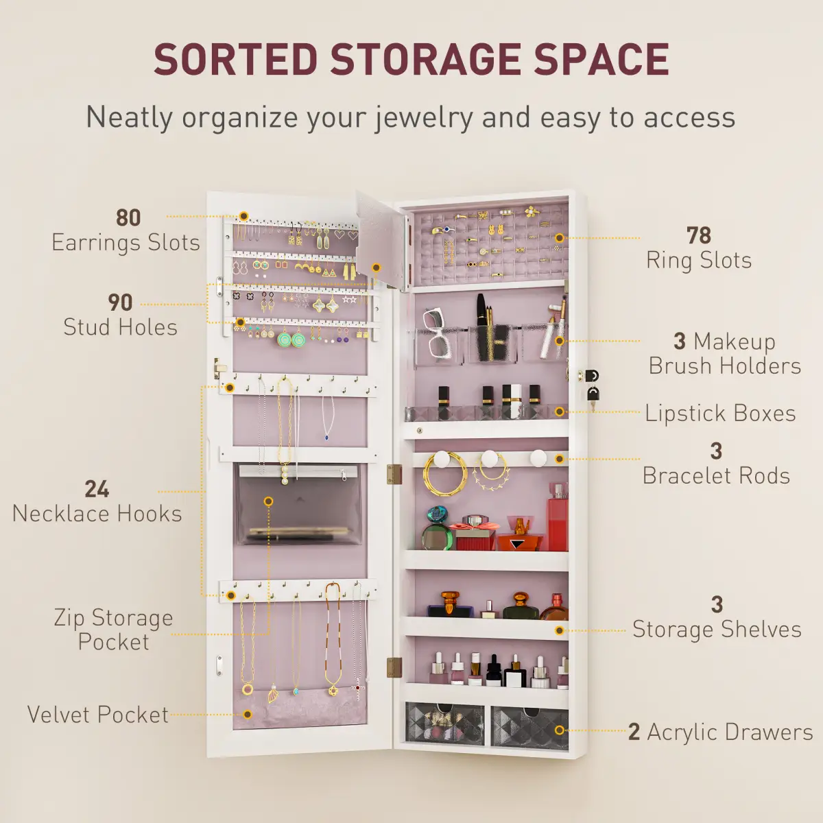 HOMCOM HOMCOM Door Hanging or Wall Mounted Jewellery Cabinet w/ Mirror Black Lining - Display Cabinet