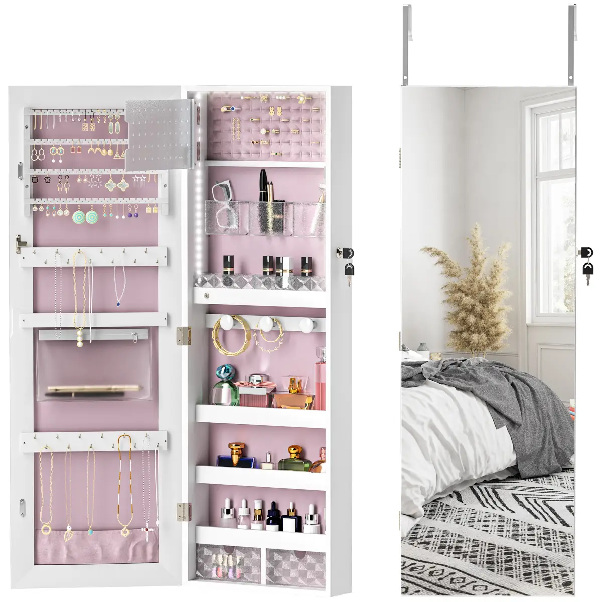 HOMCOM HOMCOM Door Hanging or Wall Mounted Jewellery Cabinet w/ Mirror Black Lining - Display Cabinet