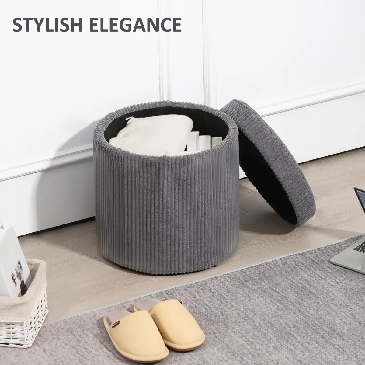 HOMCOM HOMCOM Round Storage Ottoman with Lid, Vanity Stool with Storage - Footstool