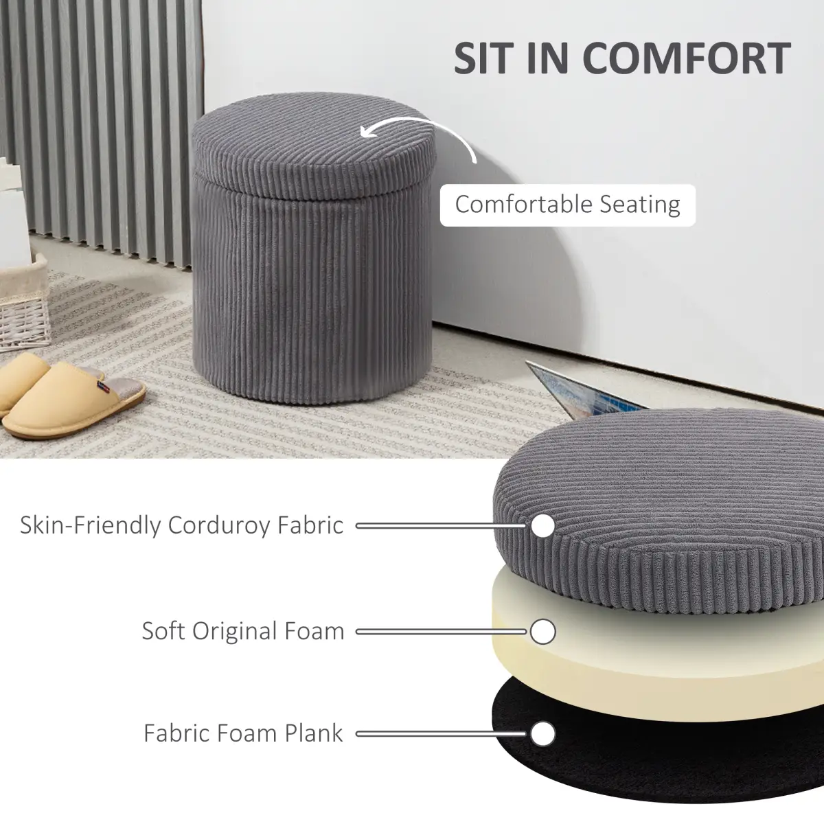 HOMCOM HOMCOM Round Storage Ottoman with Lid, Vanity Stool with Storage - Footstool