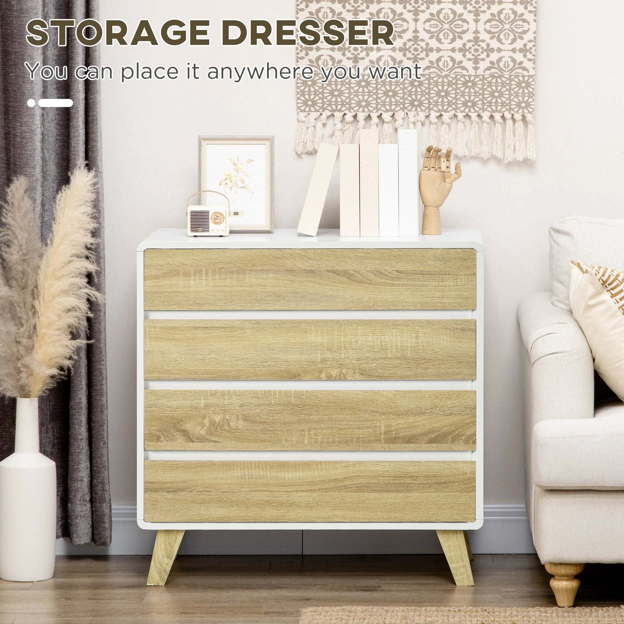 HOMCOM 4 Drawer Chest White With Wood Effect Fronts Bedroom Storage Organizer Anti Tip Straps - Chest of Drawers