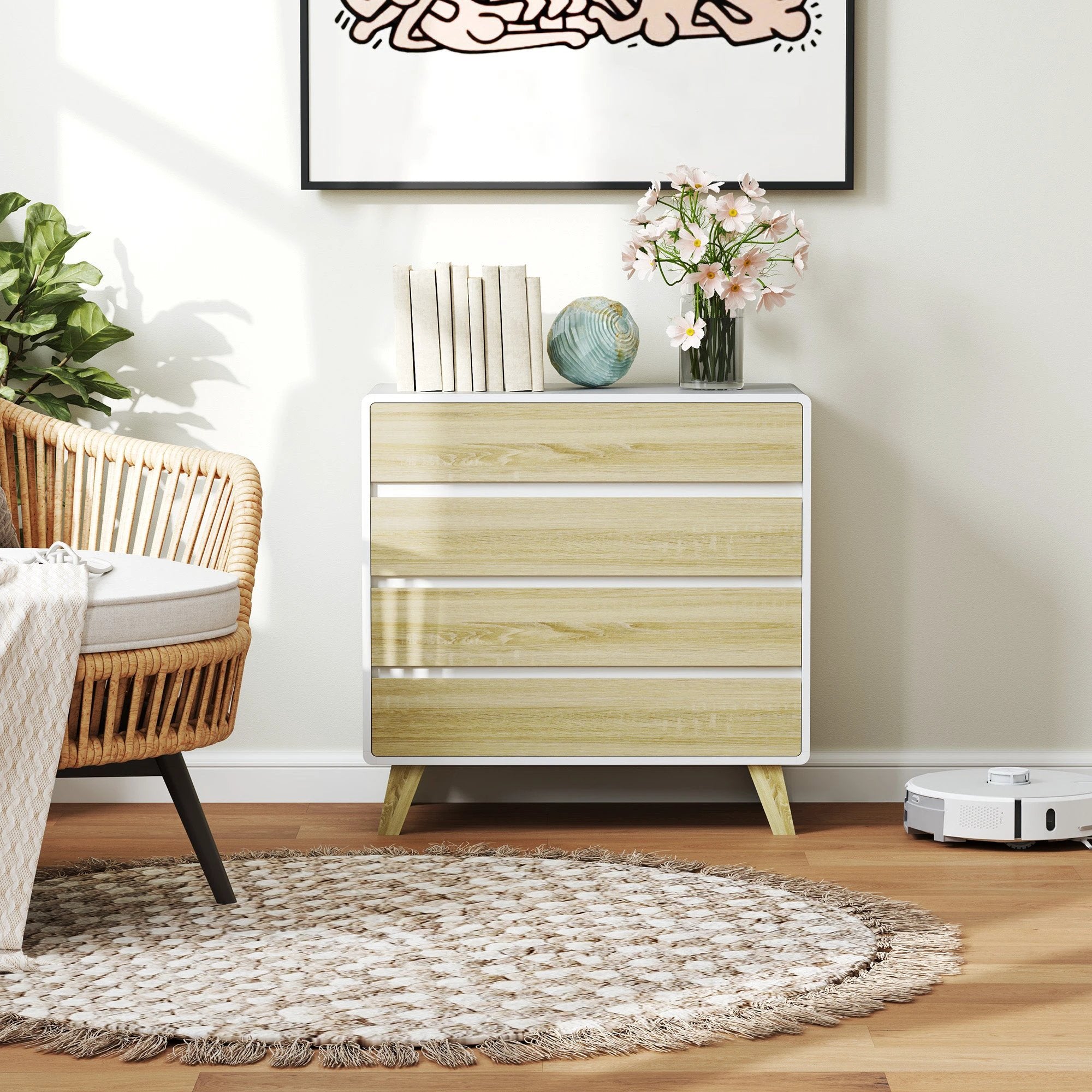 HOMCOM 4 Drawer Chest White With Wood Effect Fronts Bedroom Storage Organizer Anti Tip Straps by HOMCOM