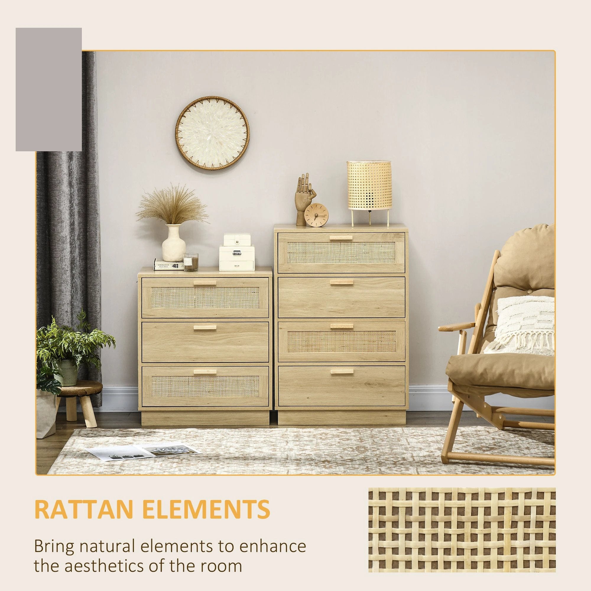 HOMCOM Four Drawer Dresser With Rattan Panels Natural Boho Style Bedroom Storage - Chest of Drawers