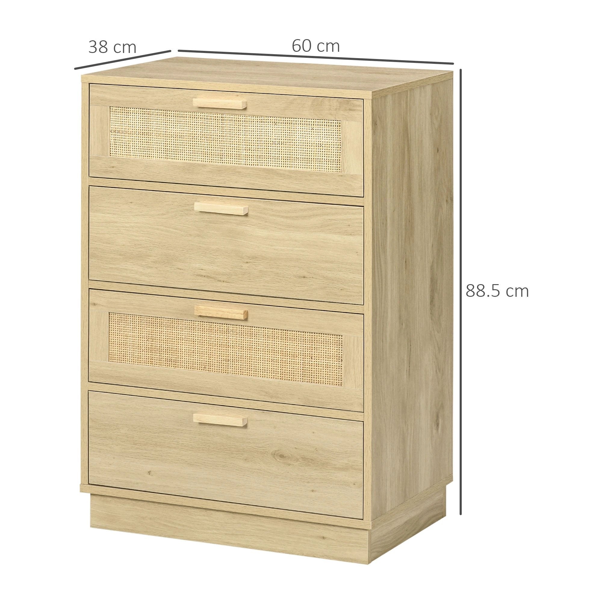 HOMCOM Four Drawer Dresser With Rattan Panels Natural Boho Style Bedroom Storage - Chest of Drawers