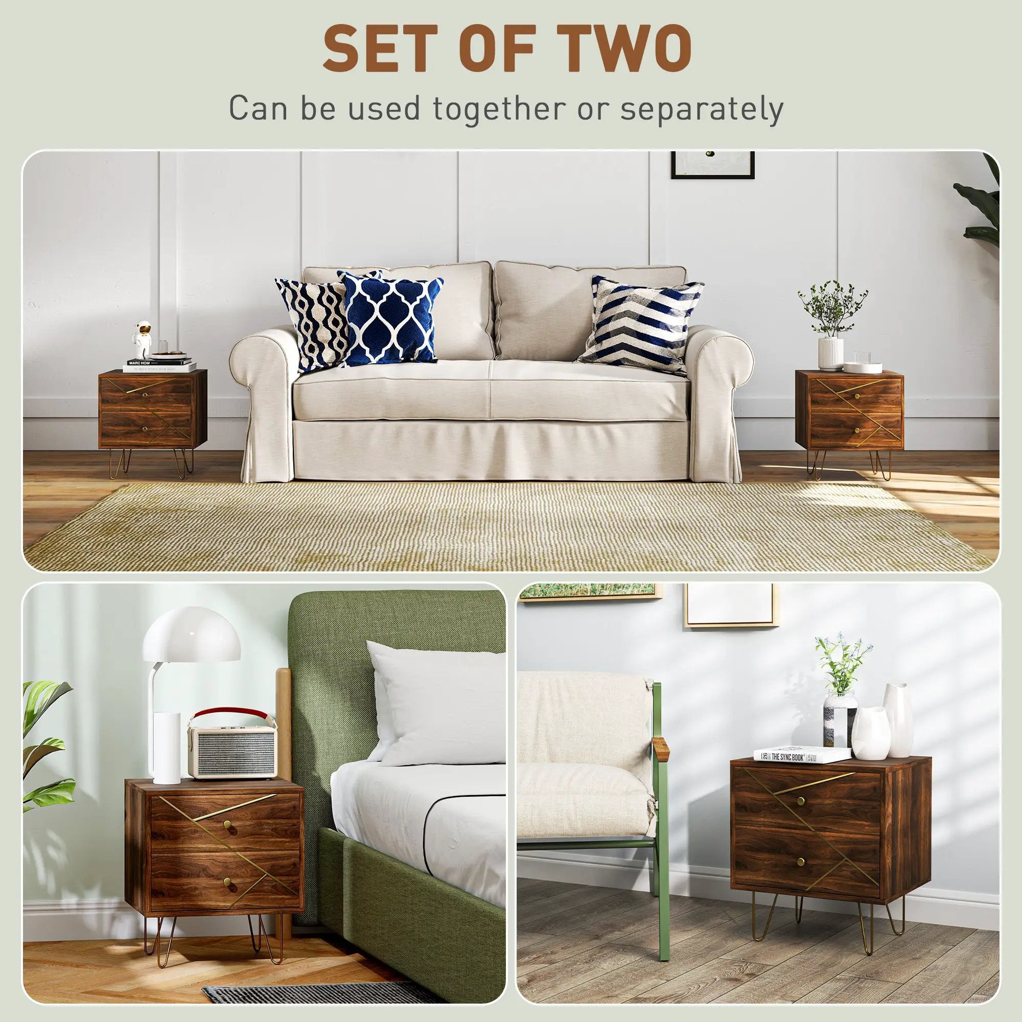 HOMCOM HOMCOM Bedside Tables Set of 2, Modern Side Table Set with 2 Drawers, Brown - Bedside Table