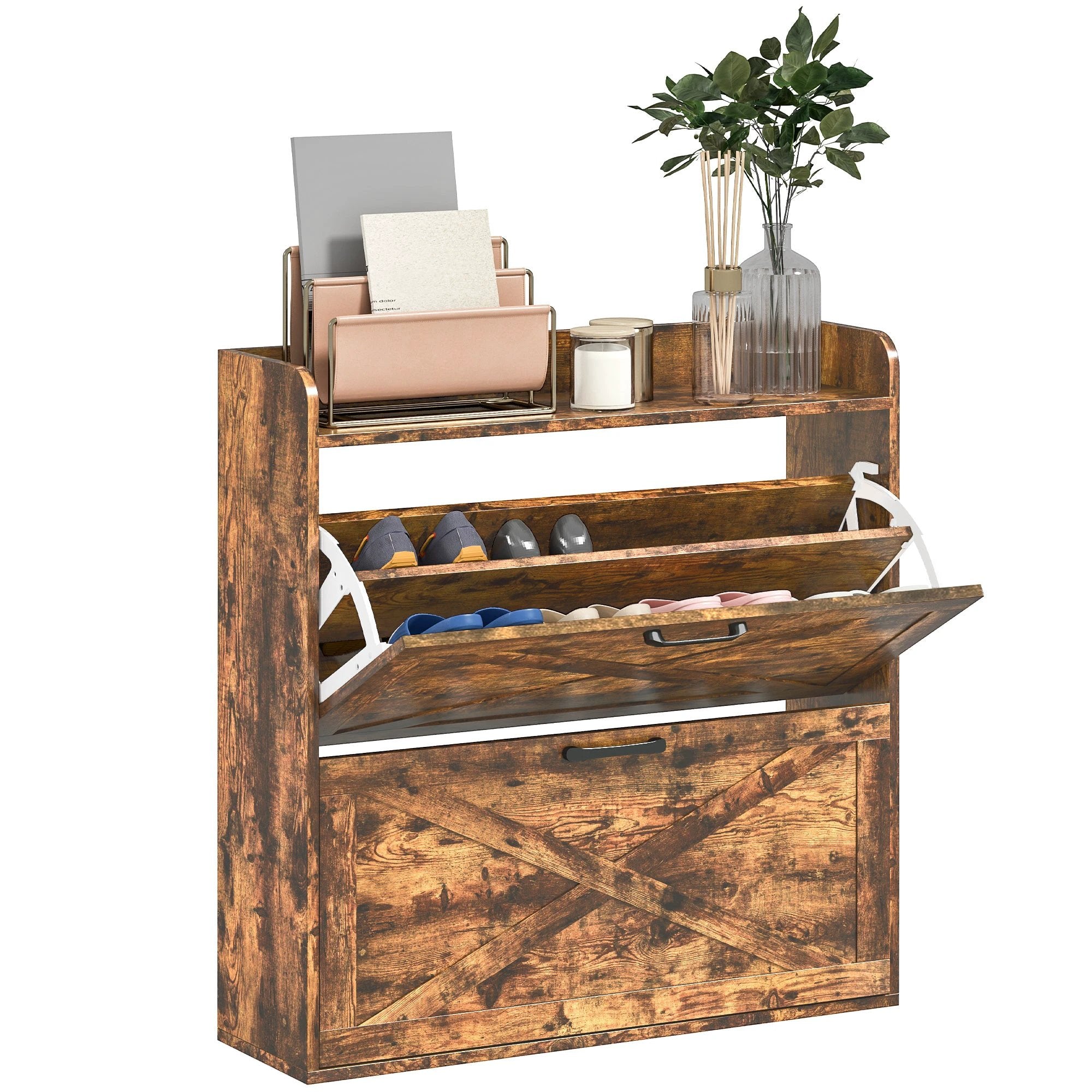 HOMCOM Narrow Shoe Cabinet Farmhouse Slim Shoe Storage Cabinet Rustic Brown by HOMCOM