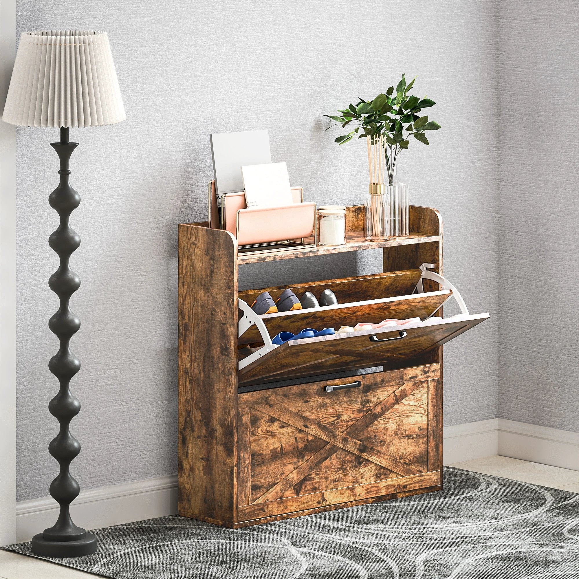 HOMCOM Narrow Shoe Cabinet Farmhouse Slim Shoe Storage Cabinet Rustic Brown by HOMCOM