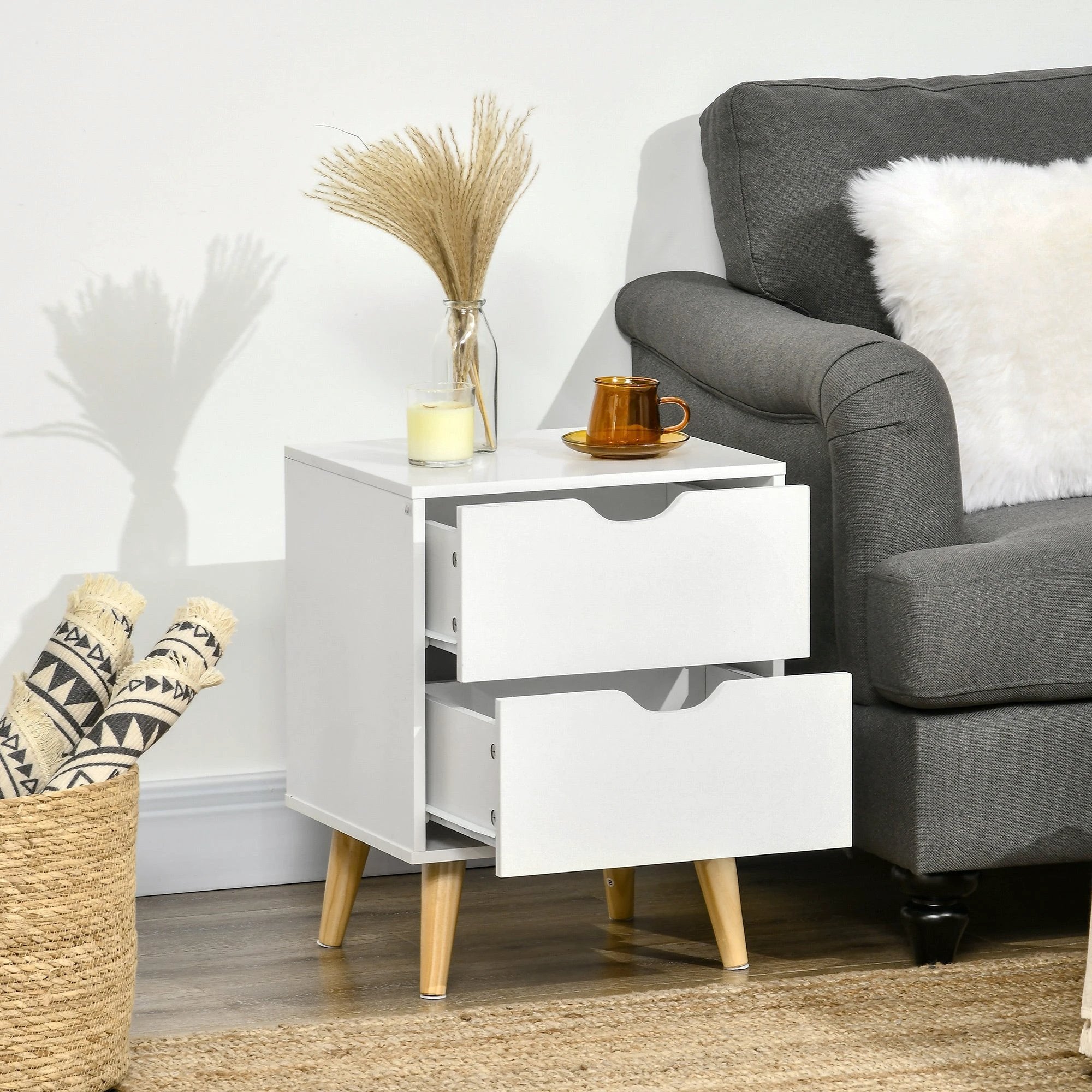 HOMCOM Elegant Nightstand Compact Two Drawers Pine Legs - Bedside Table