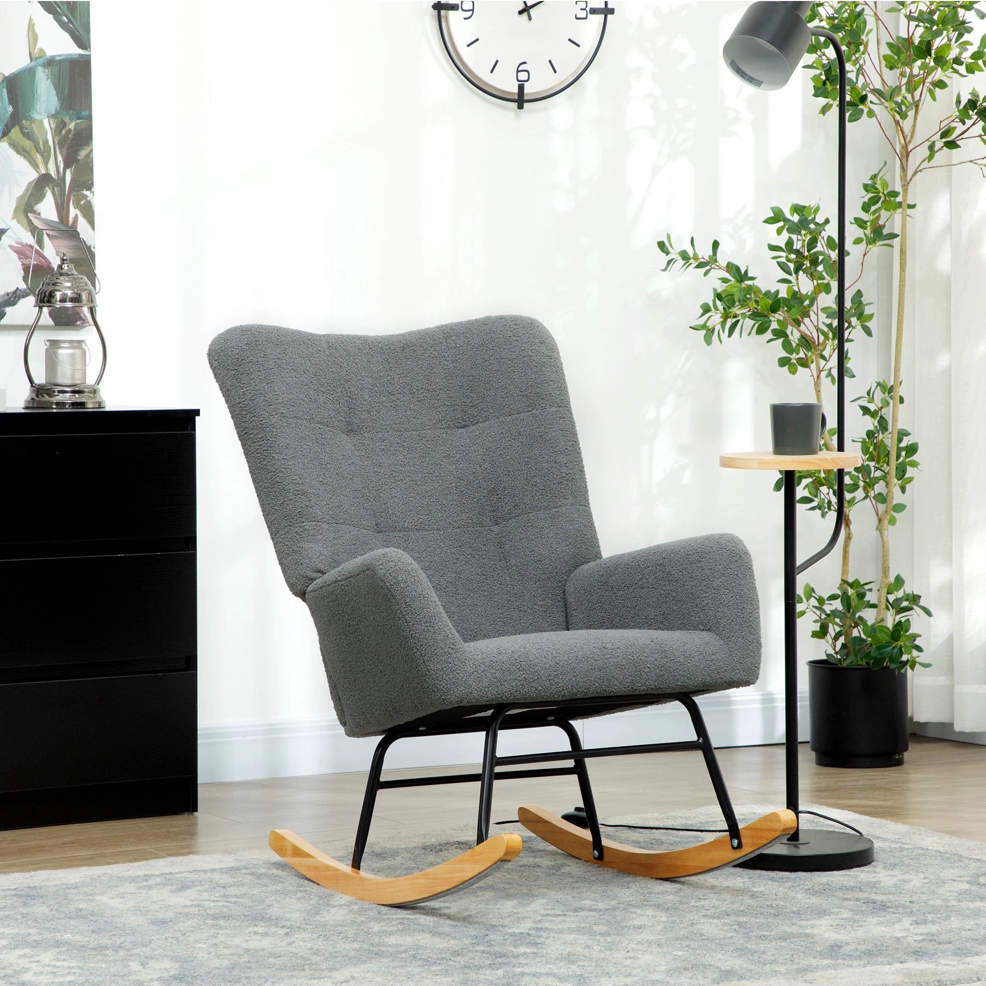 HOMCOM Rocking Chair Teddy Fleece Grey For Modern Bedroom - Armchair