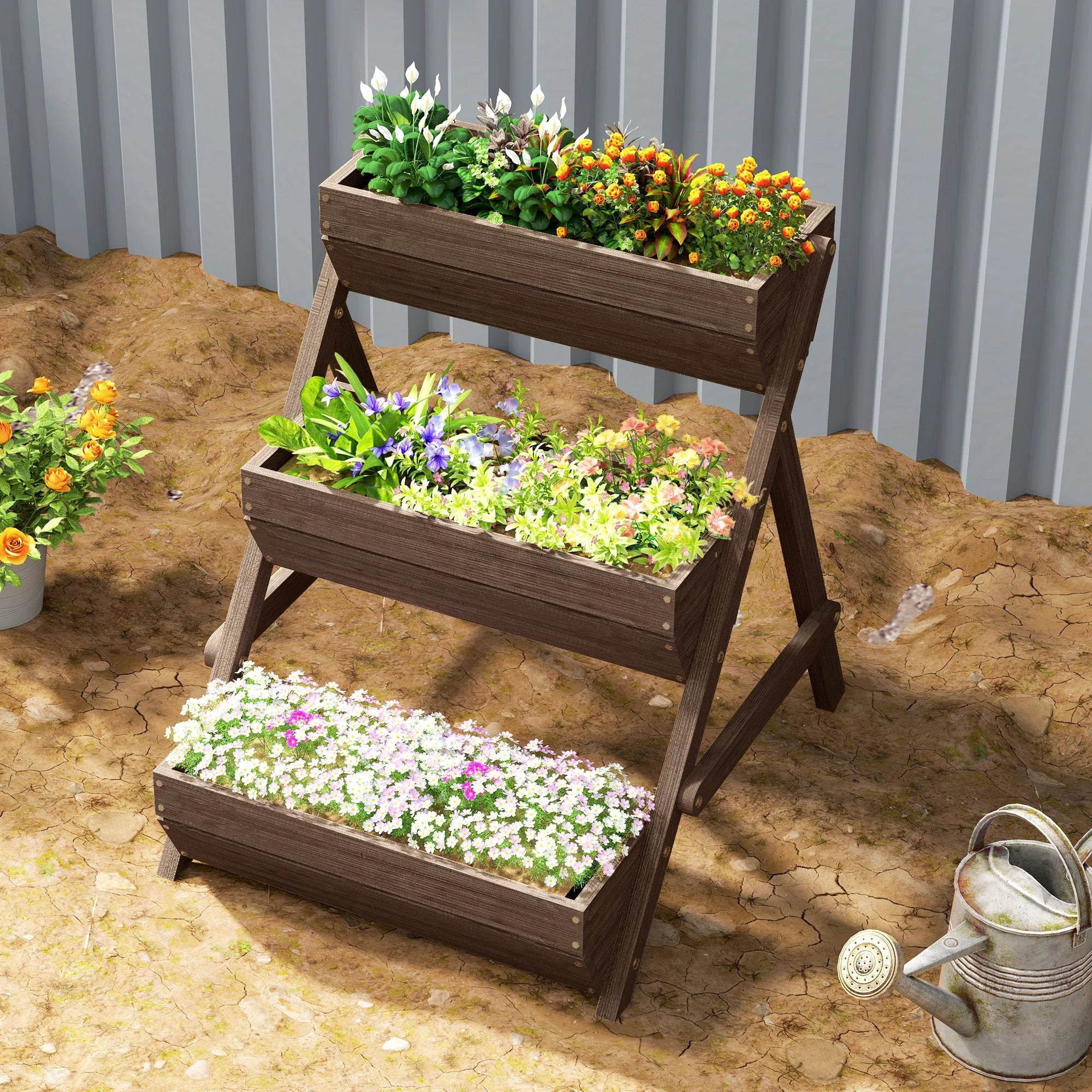 Premium 3 Tier Raised Garden Bed Wood Planter Kit Tan Patio by Outsunny