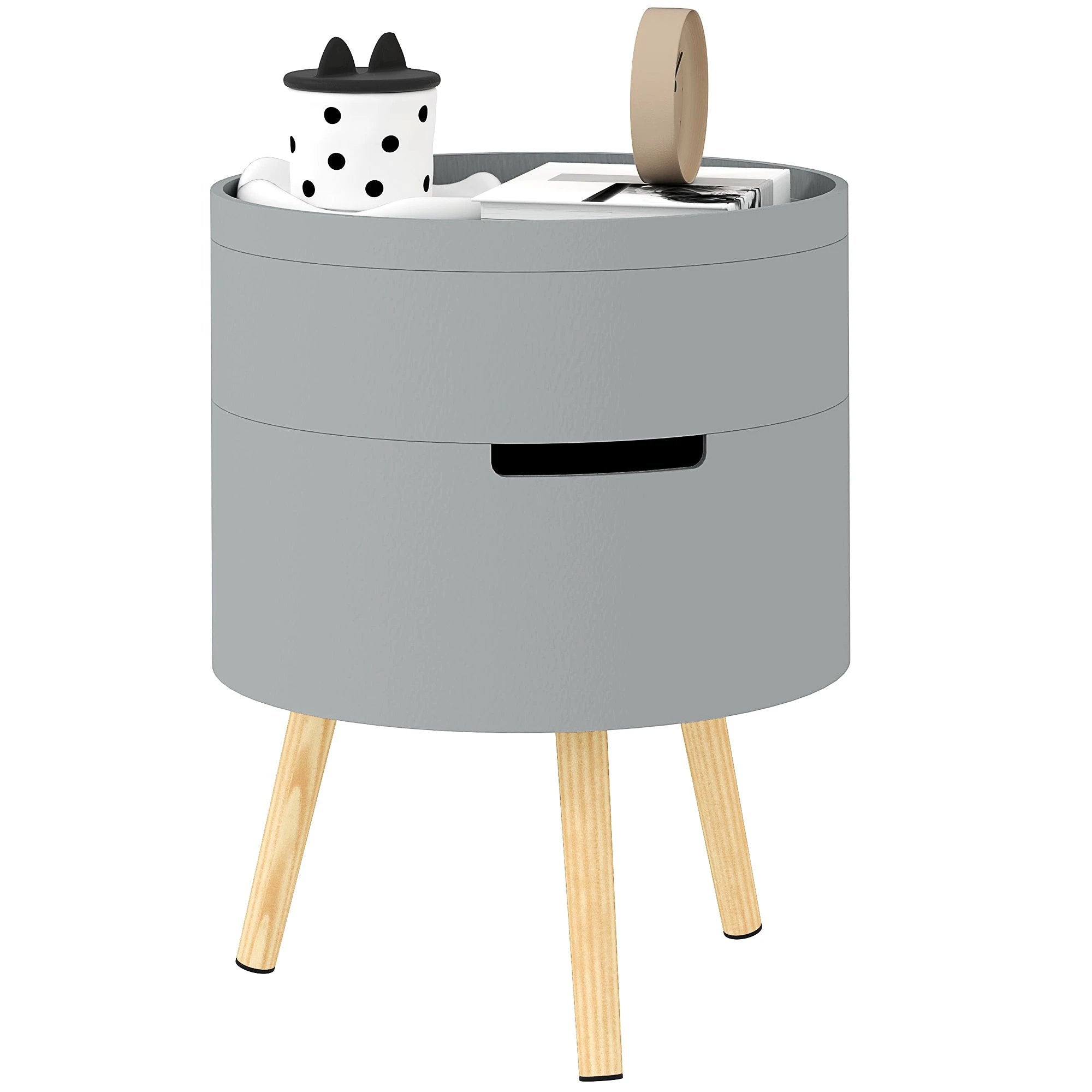 HOMCOM Grey Round Side Table With Detachable Tray And Hidden Storage For Nightstand Or Coffee Table by HOMCOM